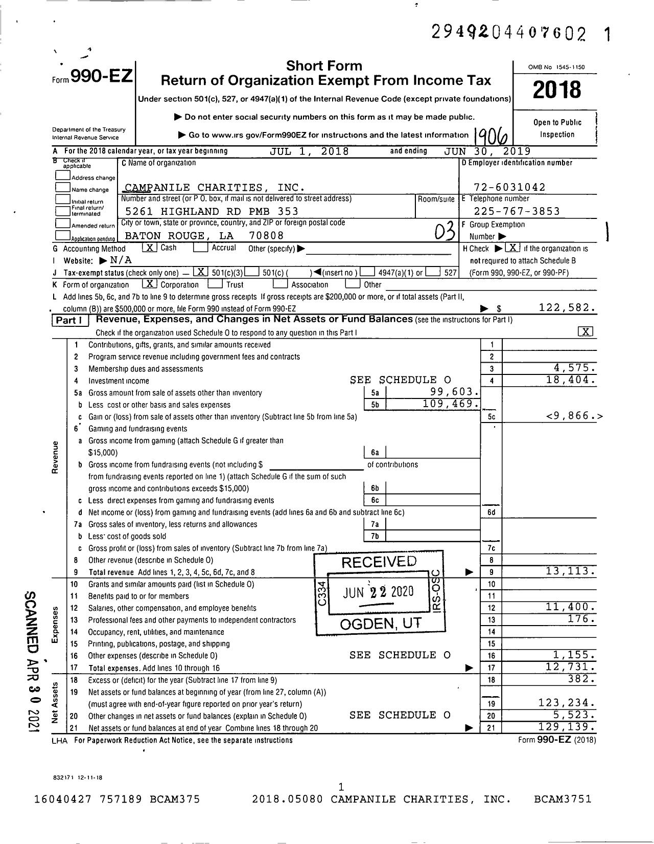 Image of first page of 2018 Form 990EZ for Campanile Charities