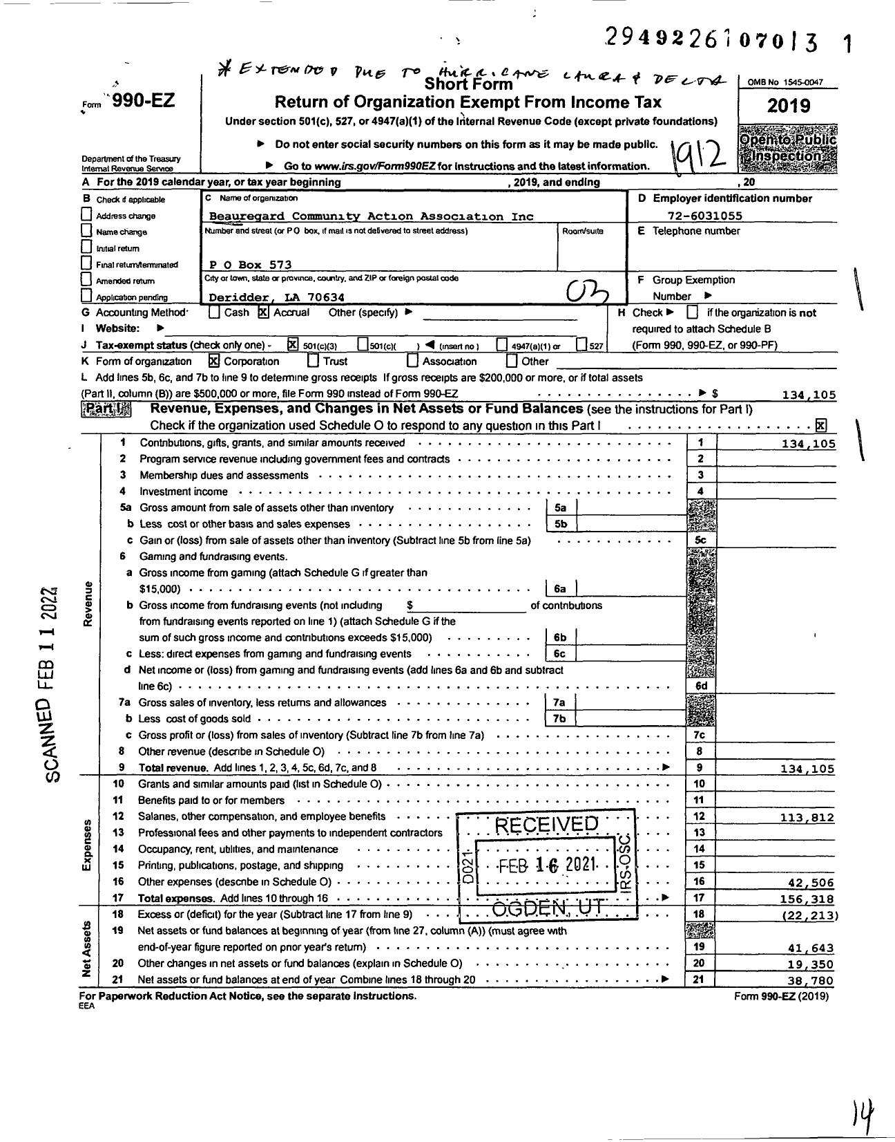 Image of first page of 2019 Form 990EZ for Beauregard Community Action Association