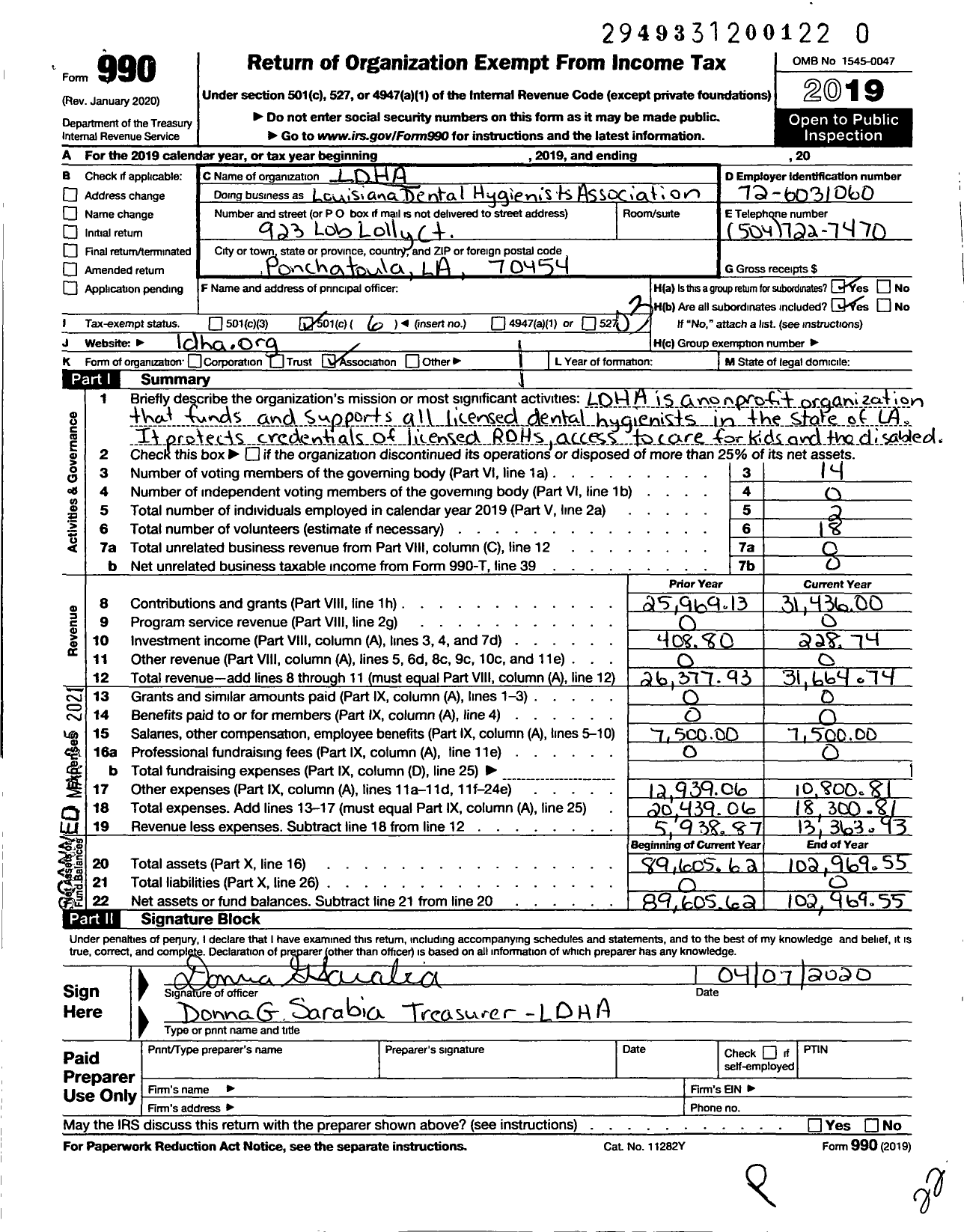 Image of first page of 2019 Form 990 for Louisiana Dental Hygienists Association (LDHA)