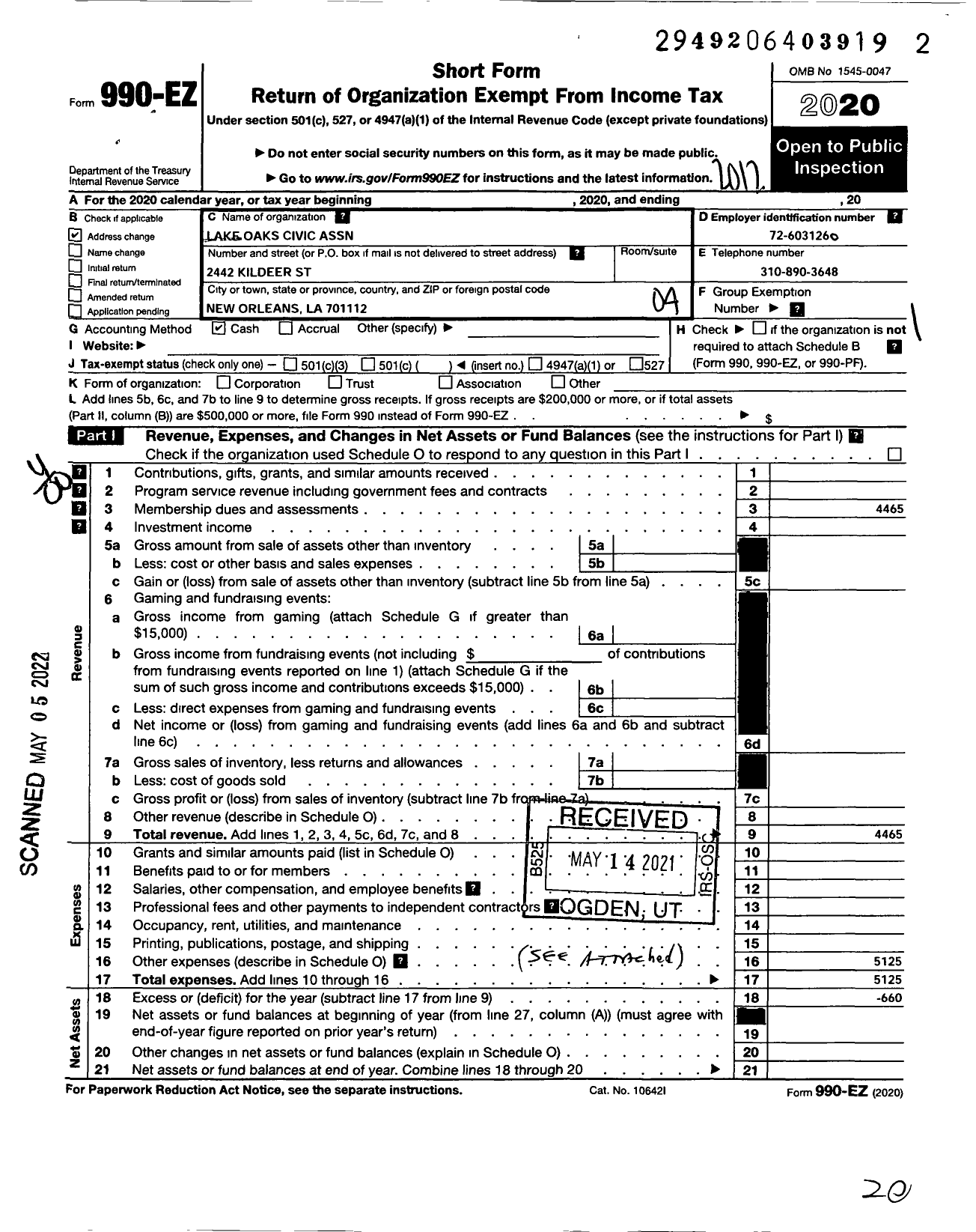 Image of first page of 2020 Form 990EO for Lake Oaks Civic Association