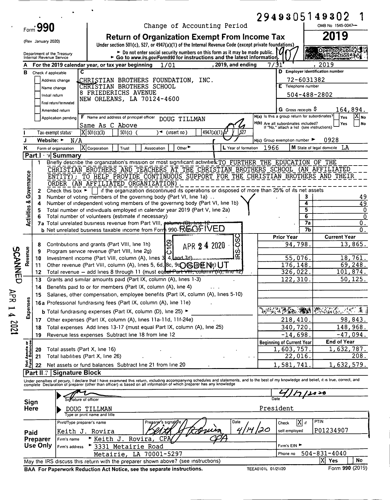 Image of first page of 2018 Form 990 for Christian Brothers Foundation