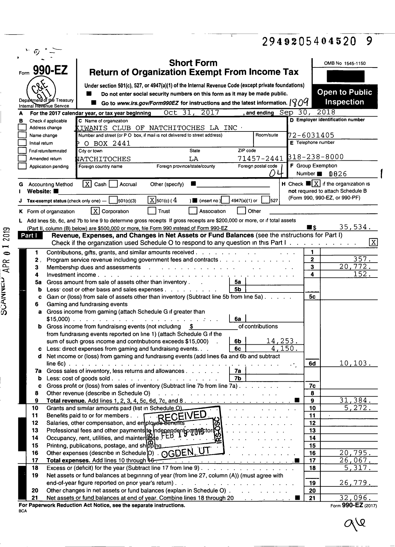 Image of first page of 2017 Form 990EO for Kiwanis International - K02757 Natchitoches