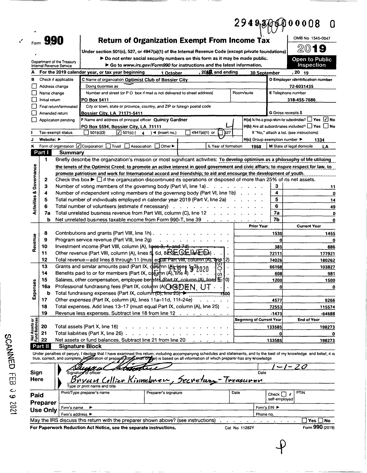 Image of first page of 2018 Form 990O for Optimist International - 39019 Optimist Club Bossier City La