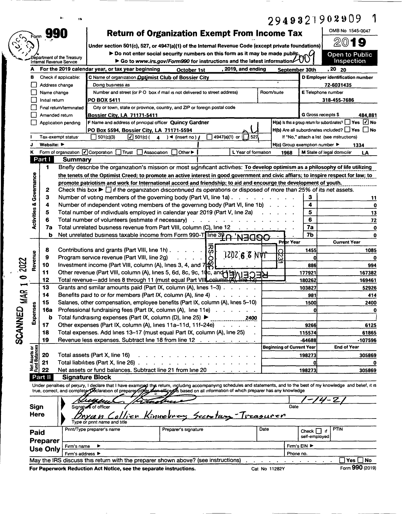 Image of first page of 2019 Form 990O for Optimist International - 39019 Optimist Club Bossier City La