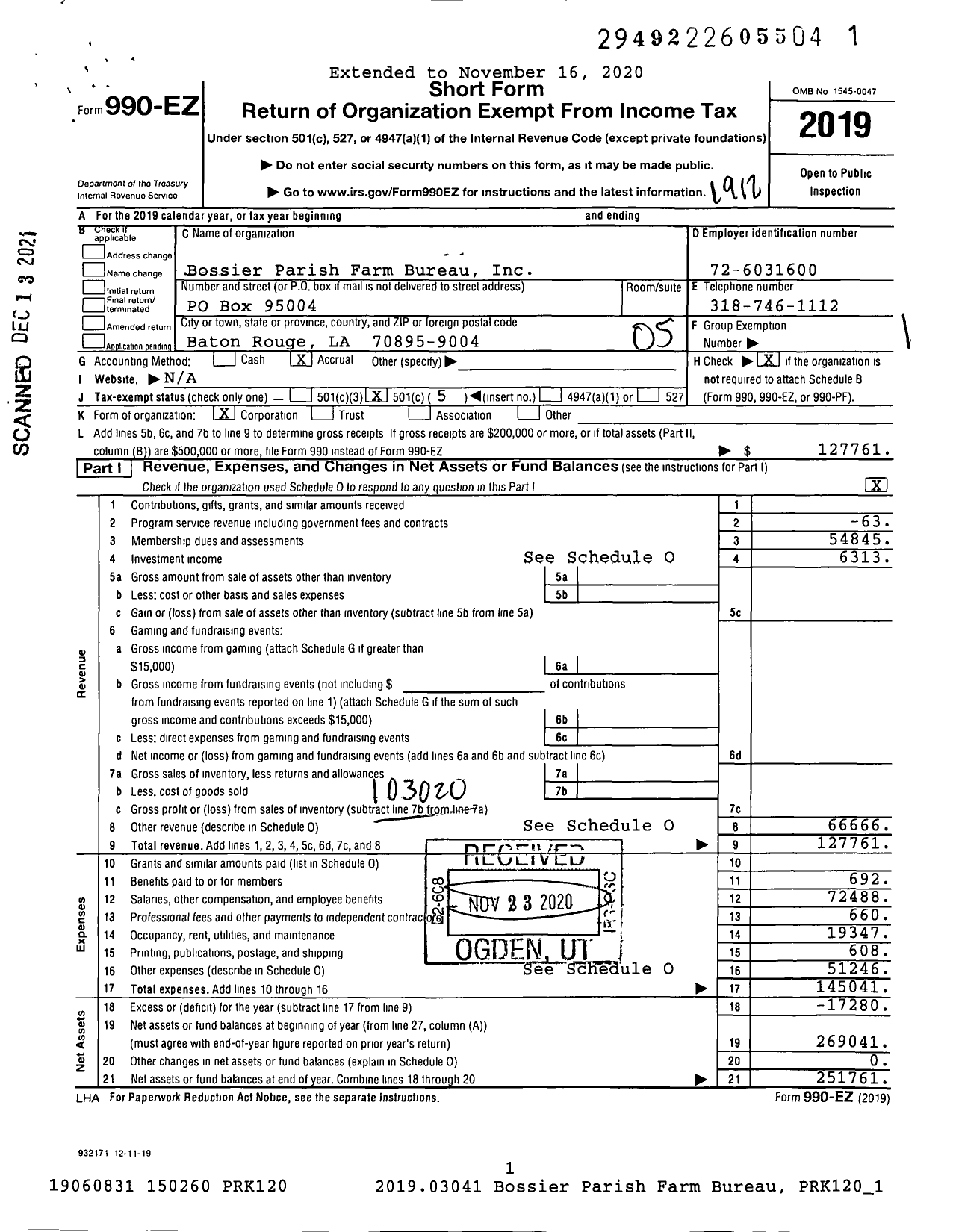 Image of first page of 2019 Form 990EO for Bossier Parish Farm Bureau