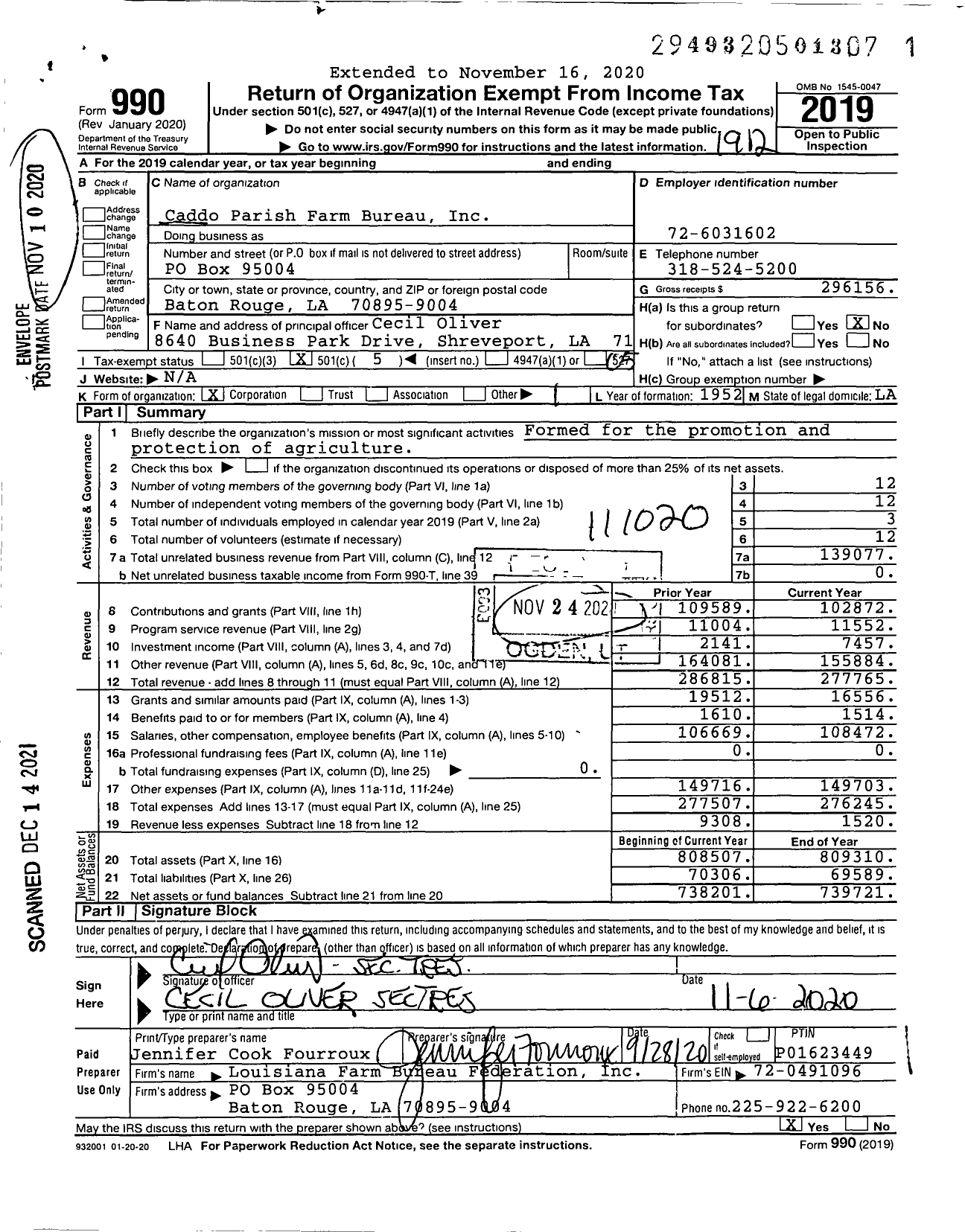 Image of first page of 2019 Form 990O for Caddo Parish Farm Bureau