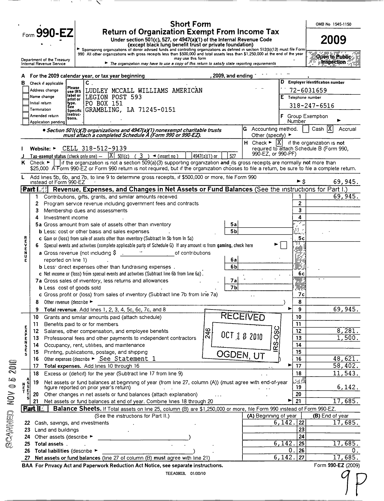 Image of first page of 2009 Form 990EZ for American Legion - 593 Ludley-Mccall-Williams