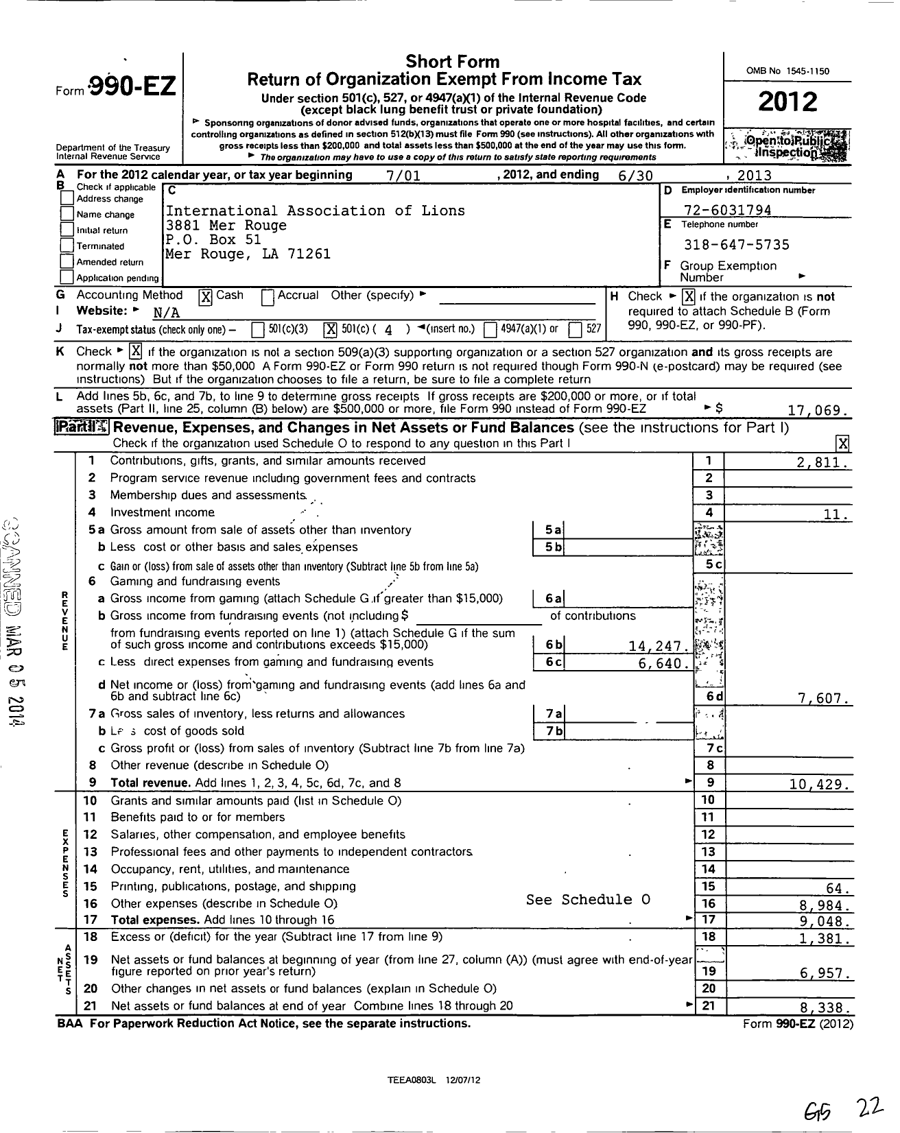 Image of first page of 2012 Form 990EO for International Association of Lions Clubs