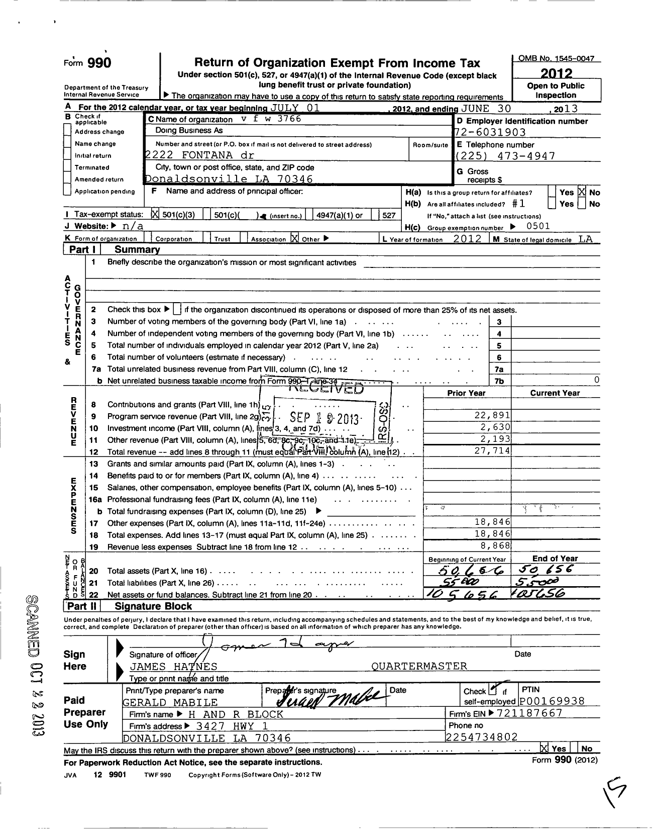 Image of first page of 2012 Form 990 for Veterans of Foreign Wars of the United States Dept of Louisiana - 3766 Montalbano-Sentilles Post