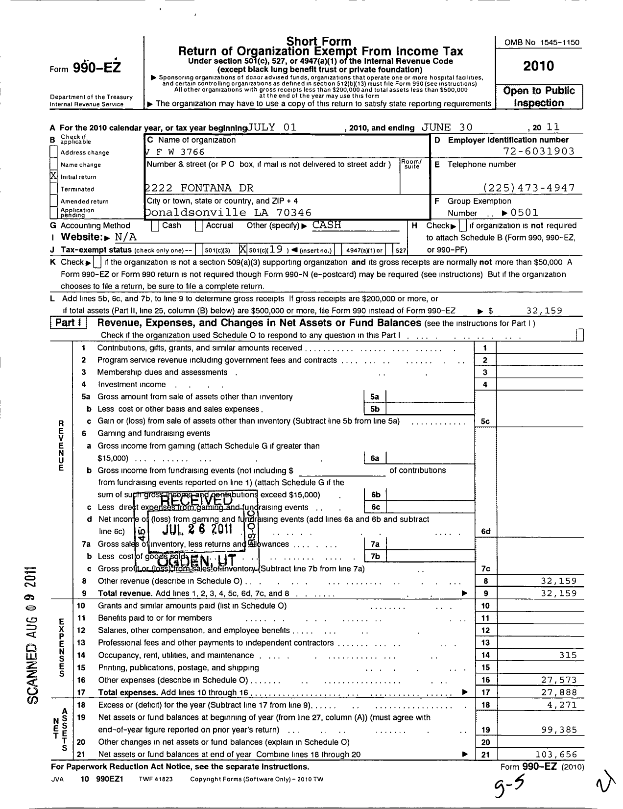 Image of first page of 2010 Form 990EO for Veterans of Foreign Wars of the United States Dept of Louisiana - 3766 Montalbano-Sentilles Post