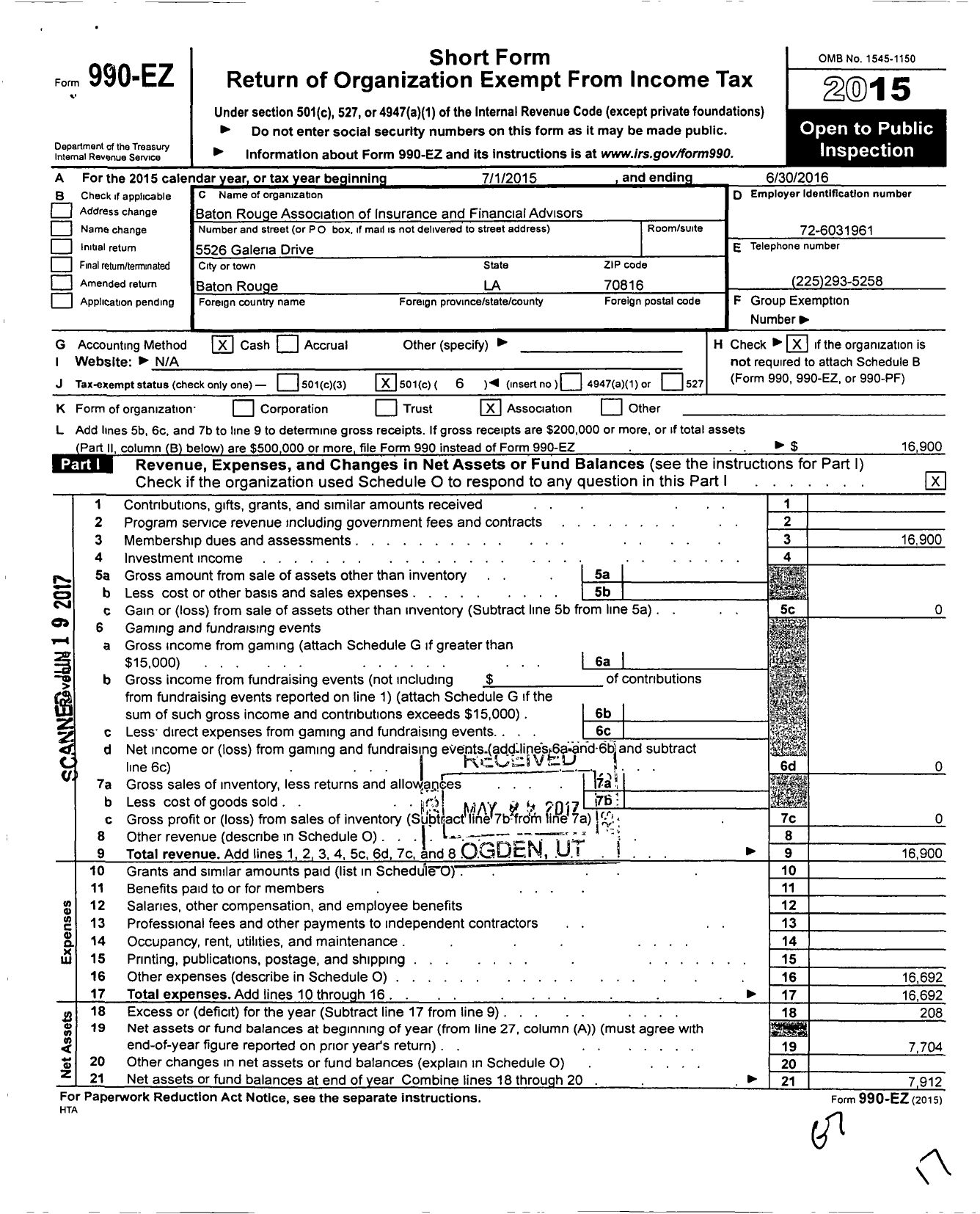 Image of first page of 2015 Form 990EO for Baton Rouge Association of Insurance and Financial Advisors