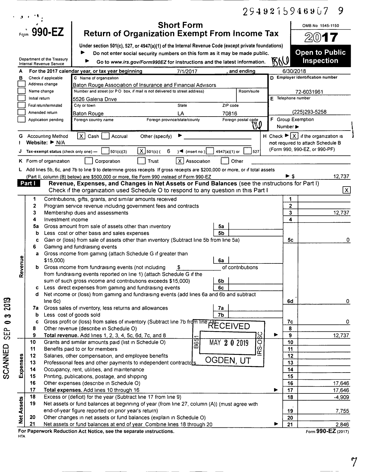 Image of first page of 2017 Form 990EO for Baton Rouge Association of Insurance and Financial Advisors