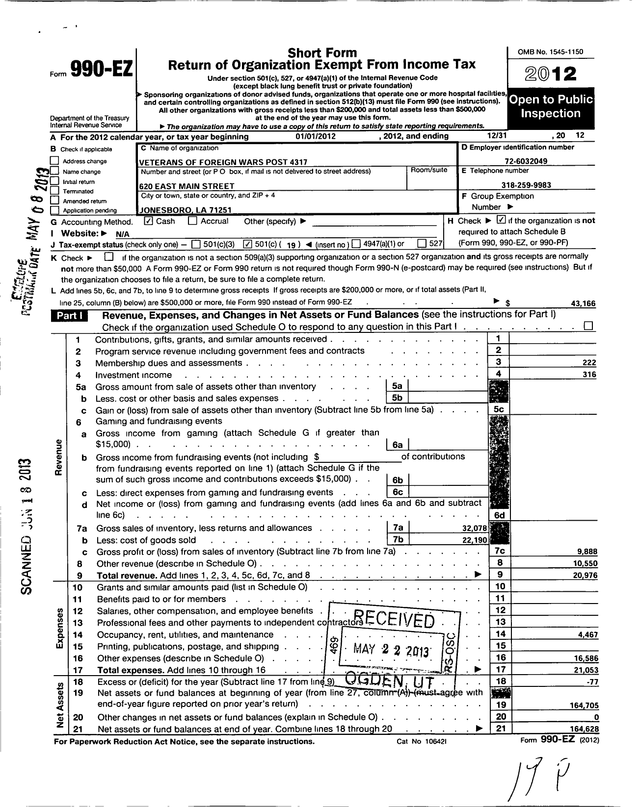 Image of first page of 2012 Form 990EO for Veterans of Foreign Wars of the United States Dept of Louisiana - 4317 Edwin Brown Post