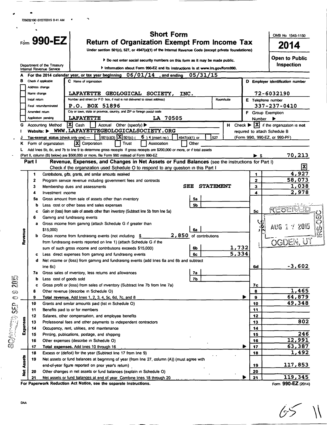 Image of first page of 2014 Form 990EO for Lafayette Geological Society