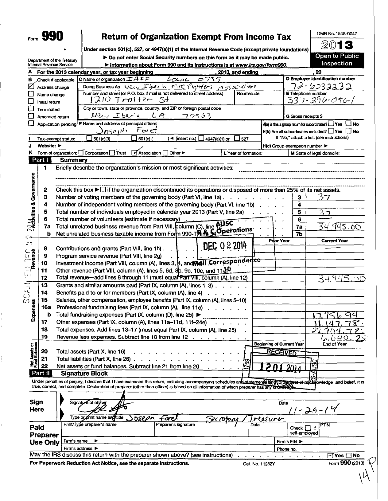 Image of first page of 2013 Form 990O for International Association of Fire Fighters - 0755 New Iberia