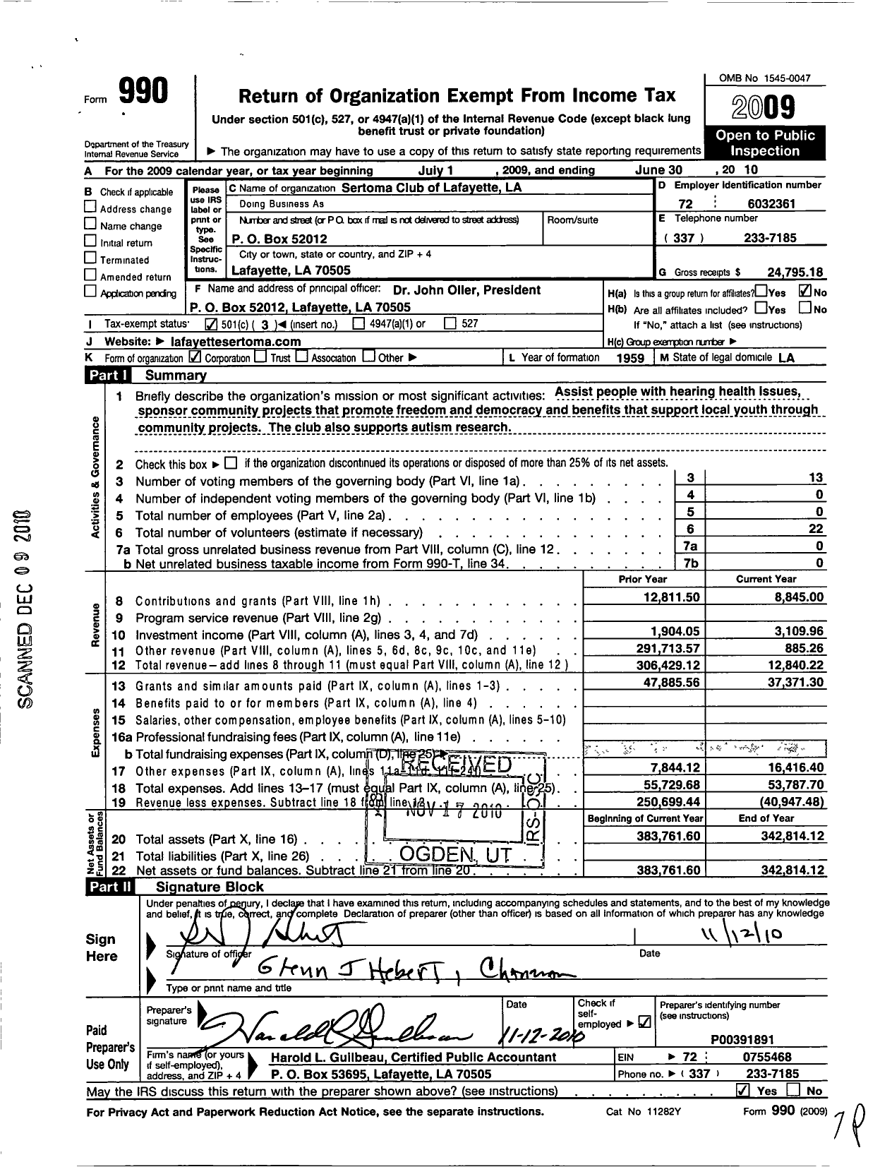 Image of first page of 2009 Form 990 for Sertoma - 10234 Lafayette Sertoma Club