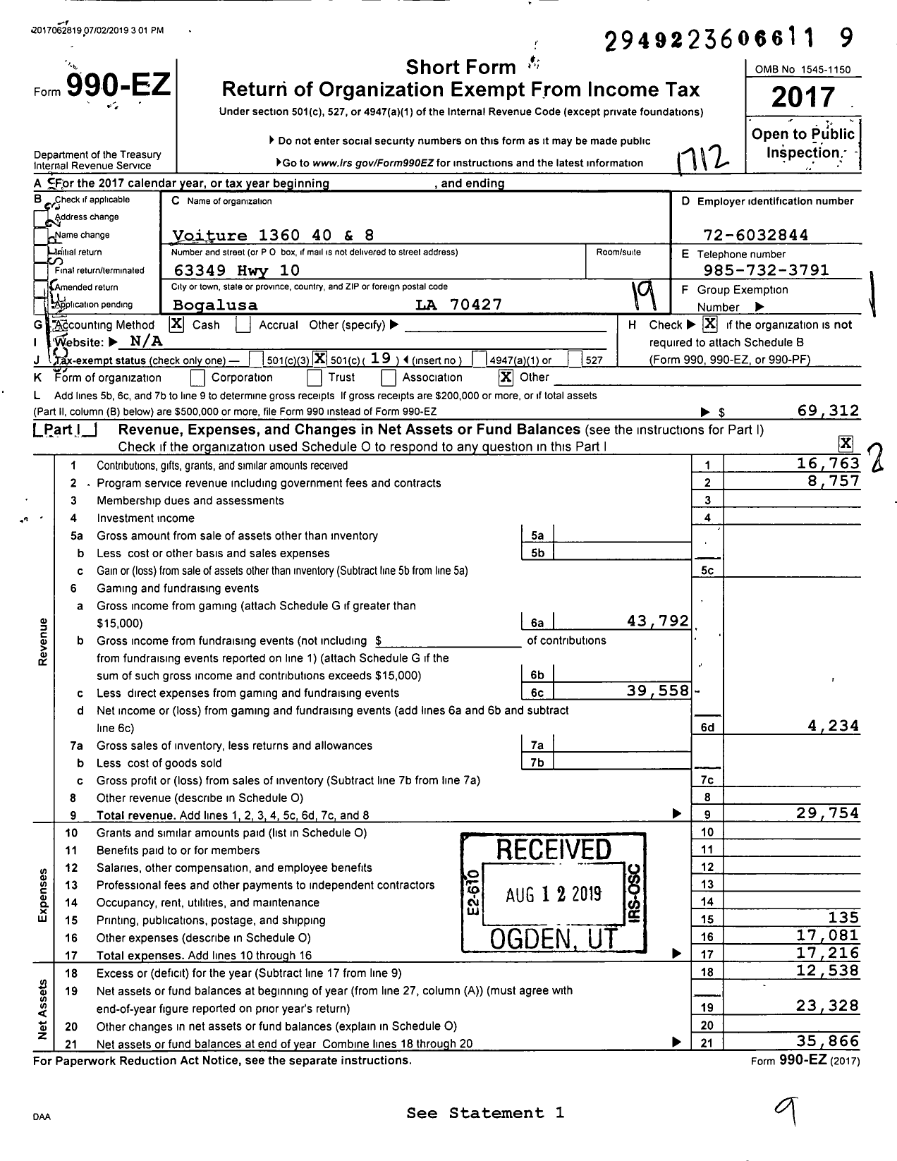 Image of first page of 2017 Form 990EO for The Forty and Eight - 1360 Voiture Locale