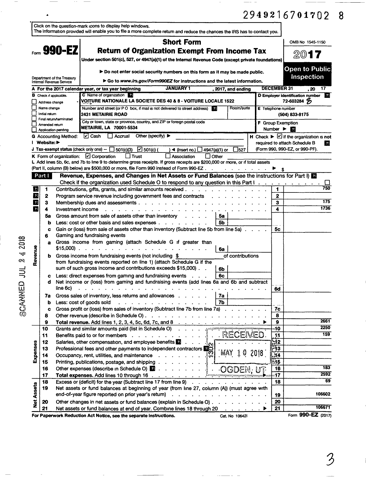 Image of first page of 2017 Form 990EO for The Forty and Eight - 1522 vOITURE LOCALE