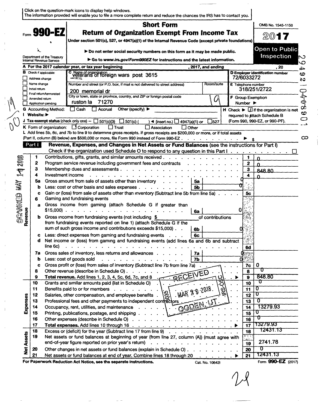 Image of first page of 2017 Form 990EO for Veterans of foreign wars of the United States Dept of Louisiana - 3615 Parnell Burt POST