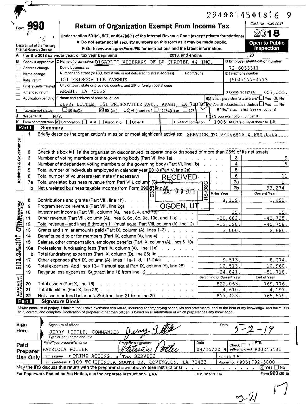 Image of first page of 2018 Form 990O for Disabled Veterans of La Chapter 4