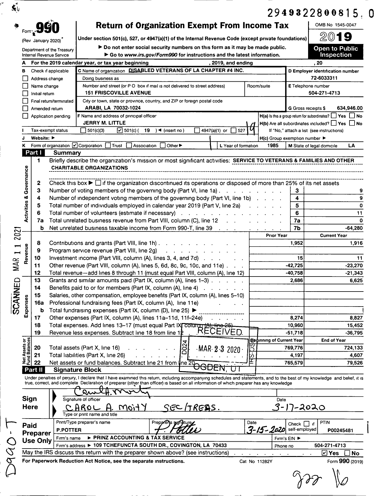 Image of first page of 2019 Form 990O for Disabled Veterans of La Chapter 4