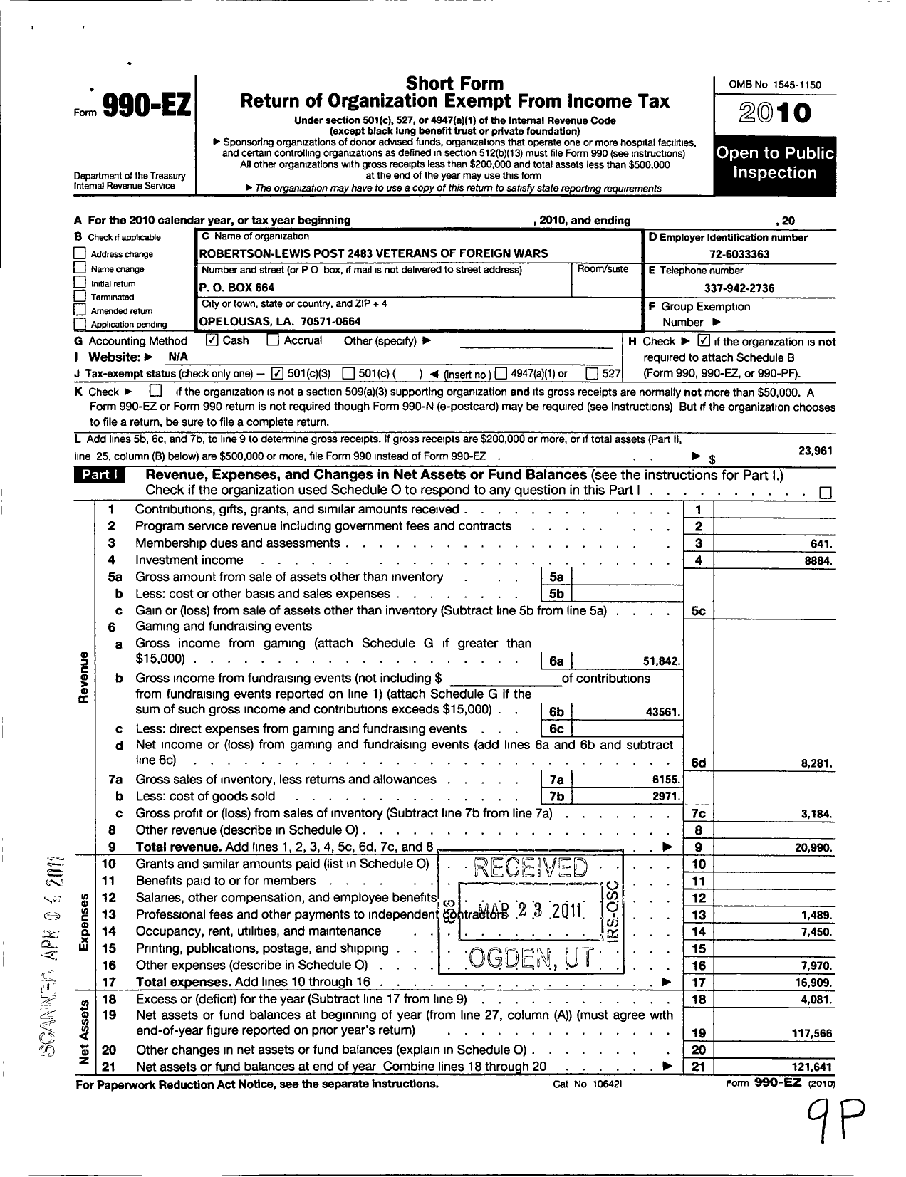 Image of first page of 2010 Form 990EZ for Veterans of Foreign Wars of the United States Dept of Louisiana - 2483 Robertson-Lewis Post