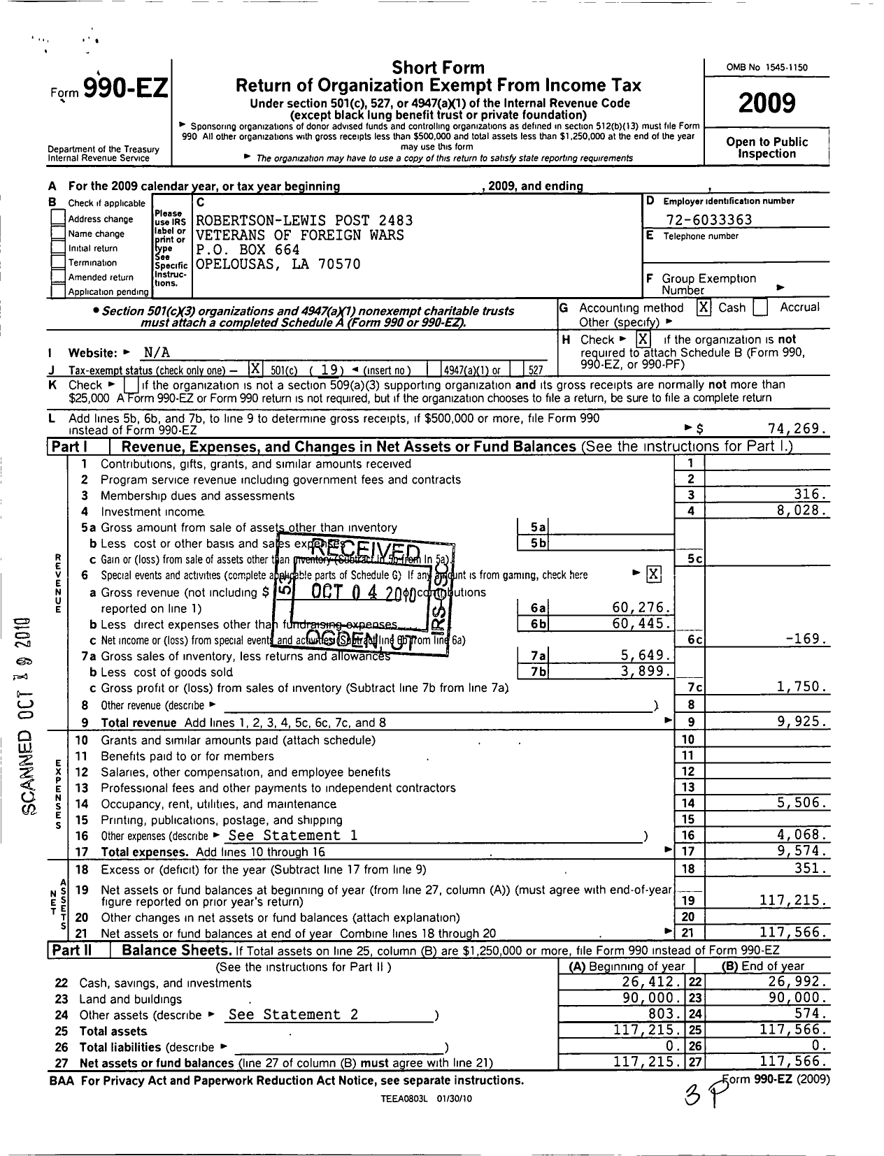 Image of first page of 2009 Form 990EO for Veterans of Foreign Wars of the United States Dept of Louisiana - 2483 Robertson-Lewis Post