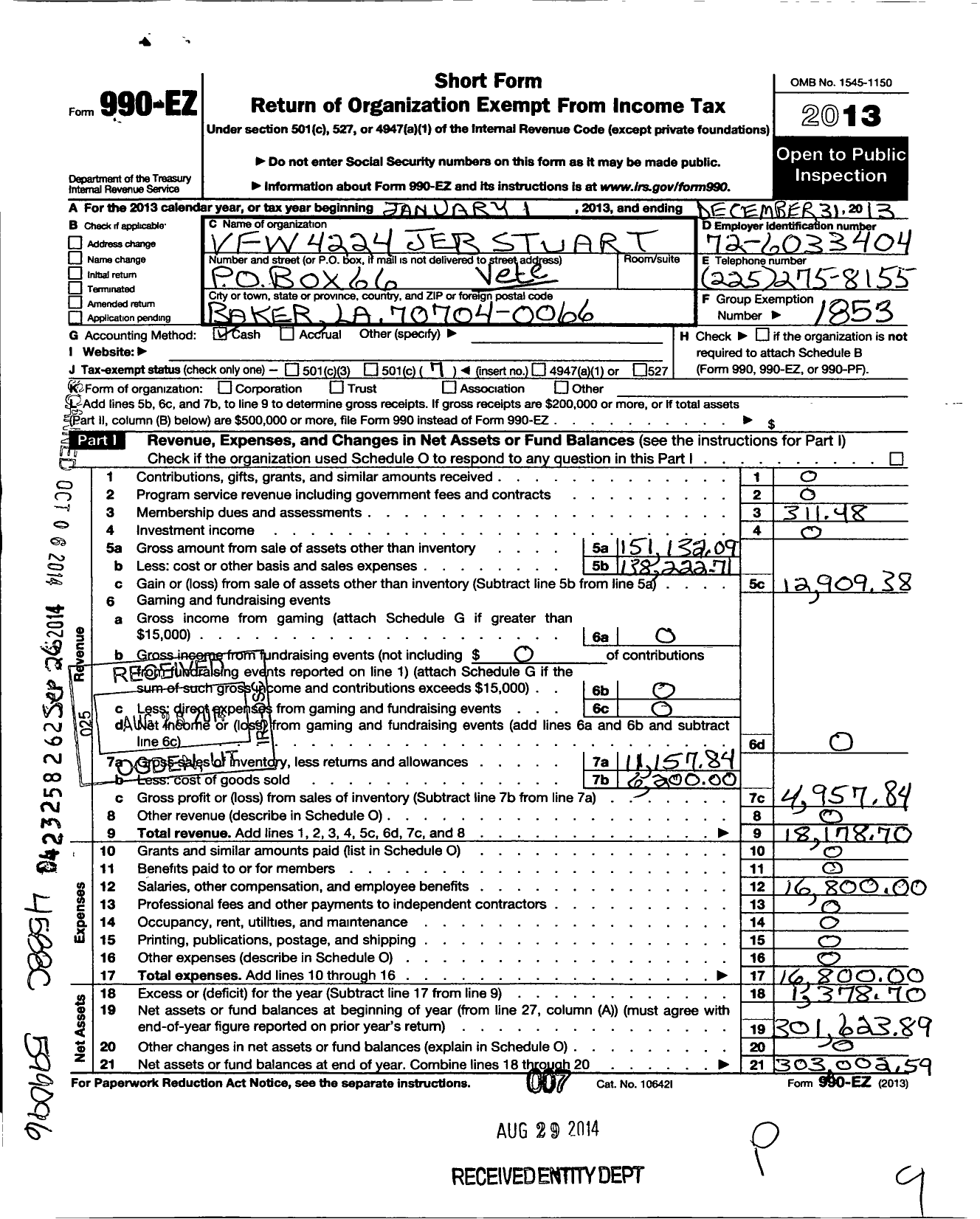 Image of first page of 2013 Form 990EO for Veterans of Foreign Wars of the United States Post 4224