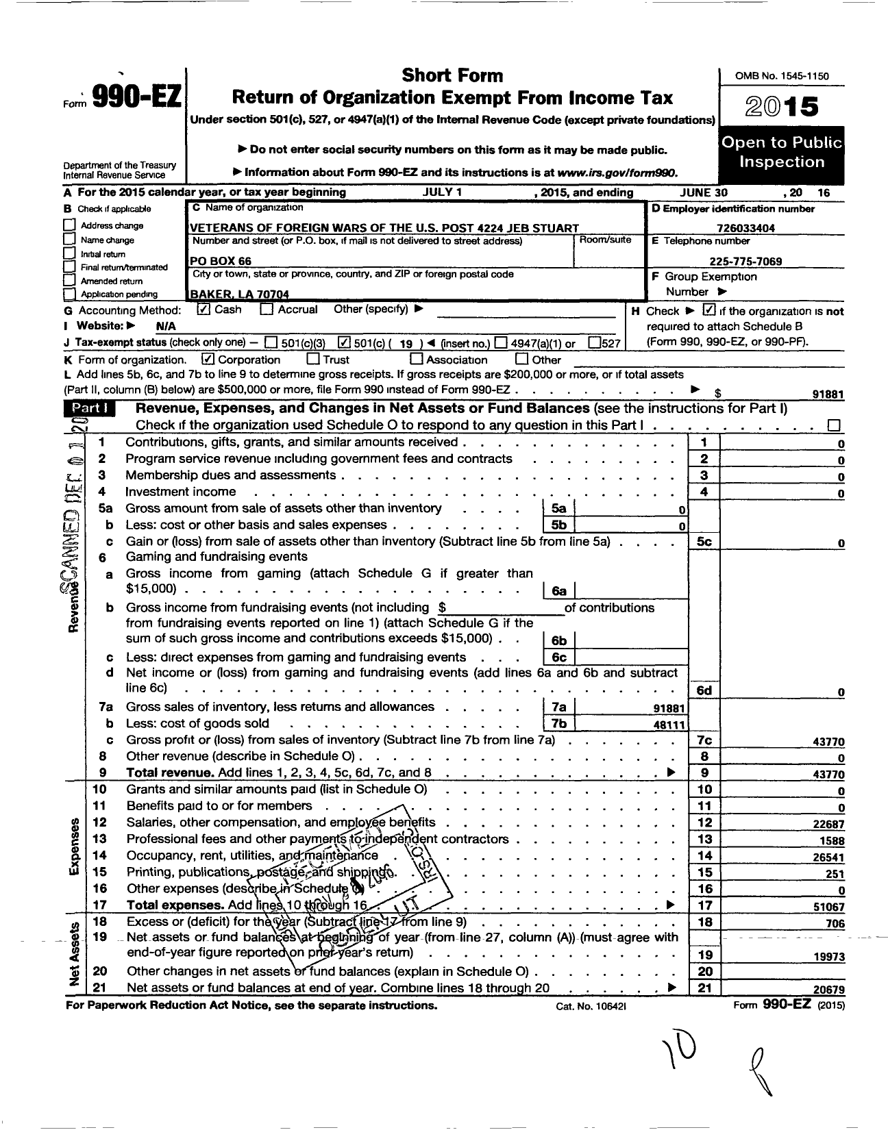 Image of first page of 2015 Form 990EO for Veterans of Foreign Wars of the United States Post 4224