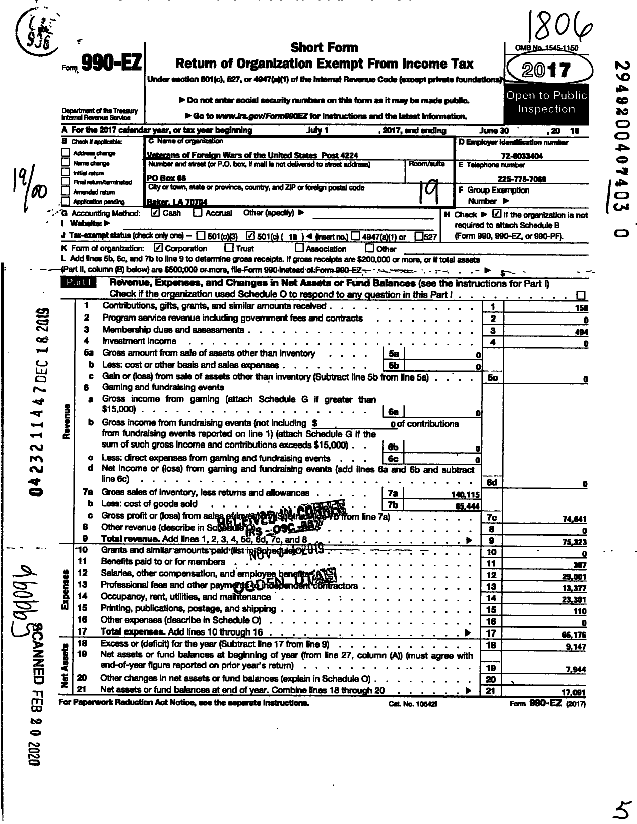 Image of first page of 2017 Form 990EO for Veterans of Foreign Wars of the United States Post 4224