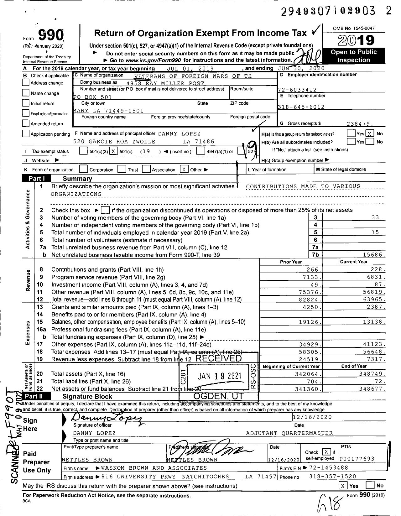 Image of first page of 2019 Form 990O for Veterans of Foreign Wars of the United States Dept of Louisiana - 4858 Ray-Miller