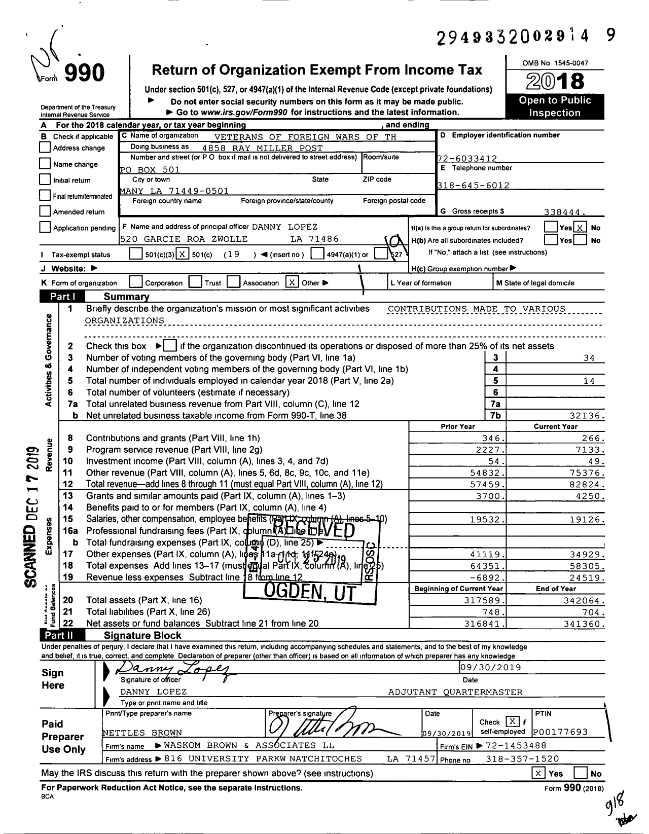 Image of first page of 2018 Form 990O for Veterans of Foreign Wars of the United States Dept of Louisiana - 4858 Ray-Miller