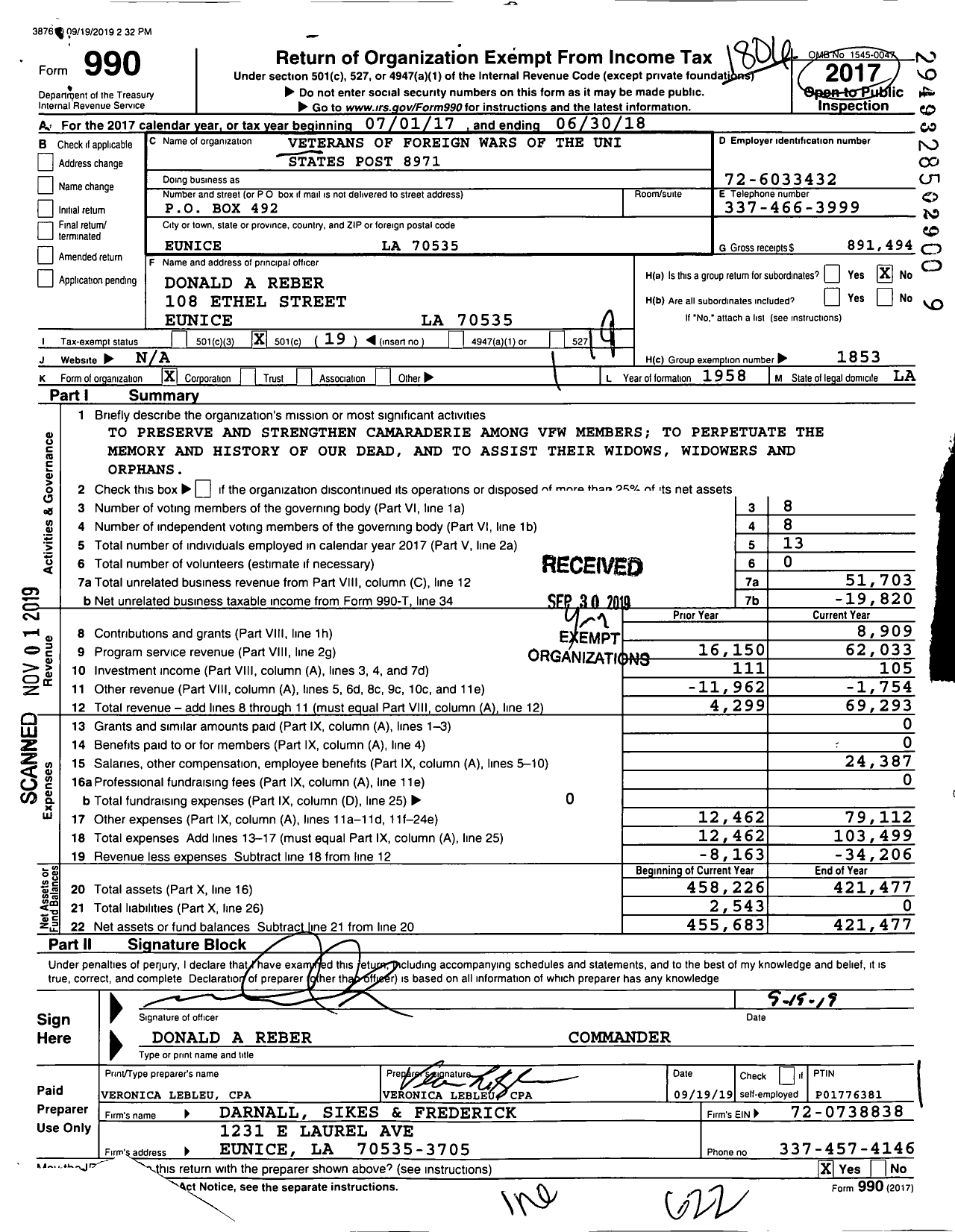 Image of first page of 2017 Form 990O for Veterans of Foreign Wars of the United States Dept of Louisiana - 8971 Doucet-Aucoin