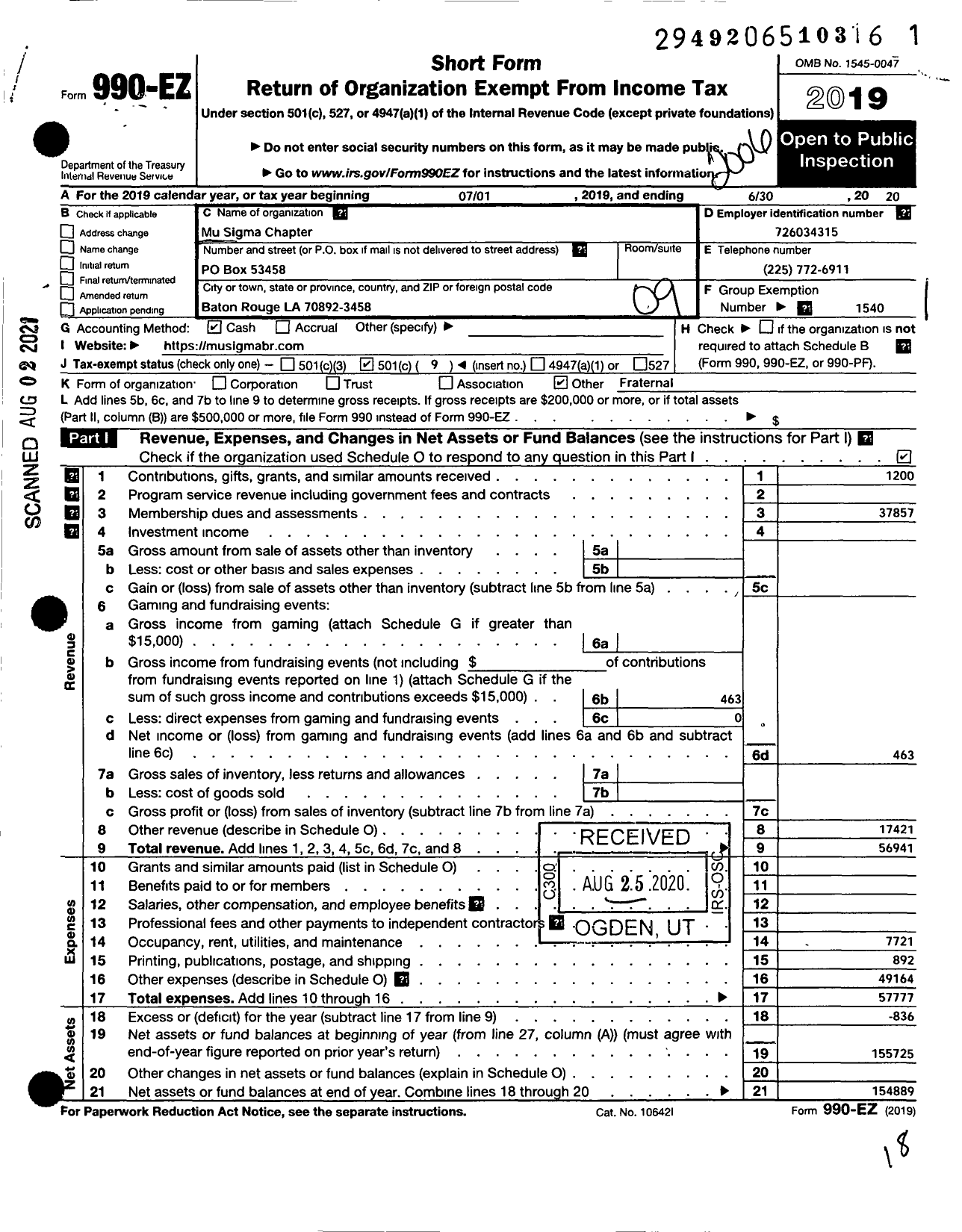 Image of first page of 2019 Form 990EO for Sigma Gamma Rho Sorority / Mu Sigma