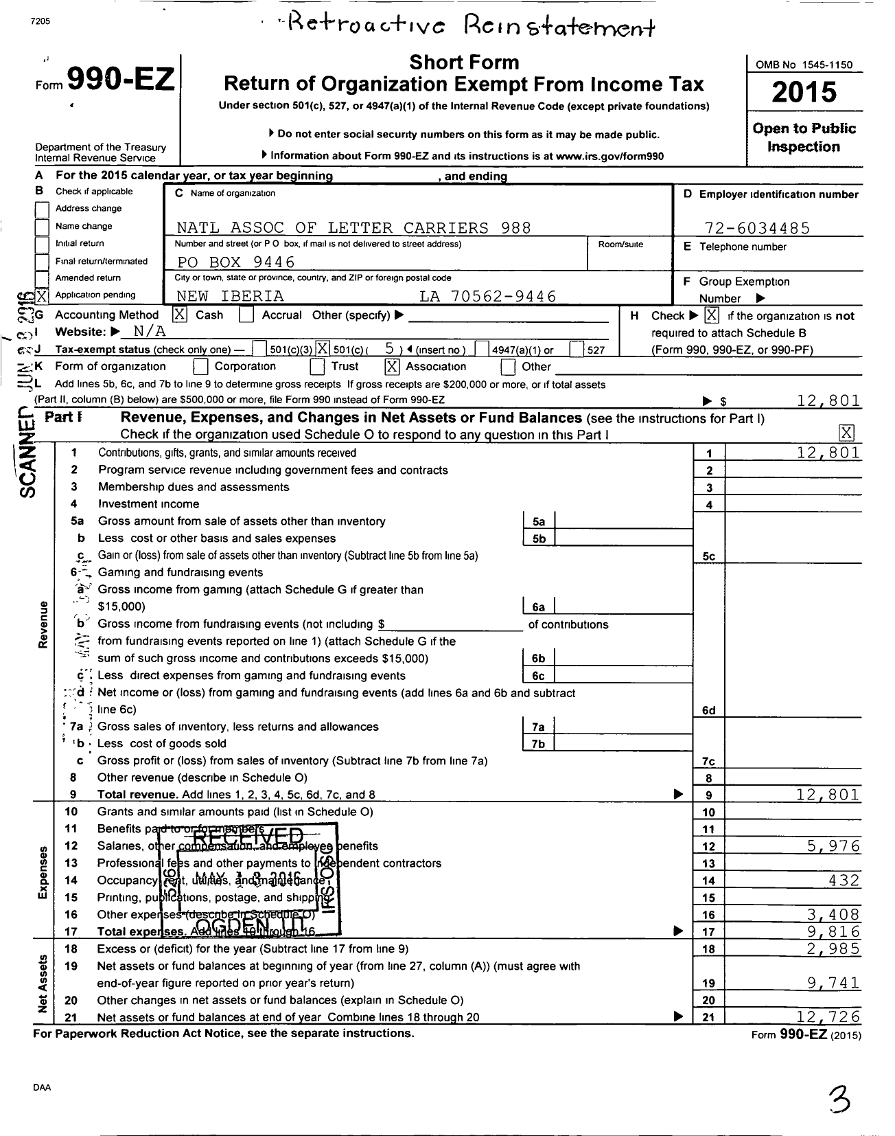 Image of first page of 2015 Form 990EO for National Association of Letter Carriers 988