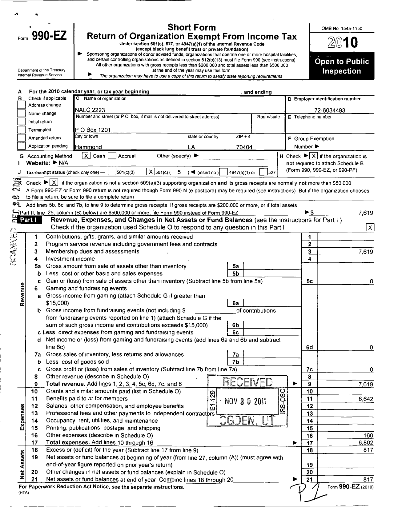 Image of first page of 2010 Form 990EO for National Association of Letter Carriers - 2223 Hammond Louisiana