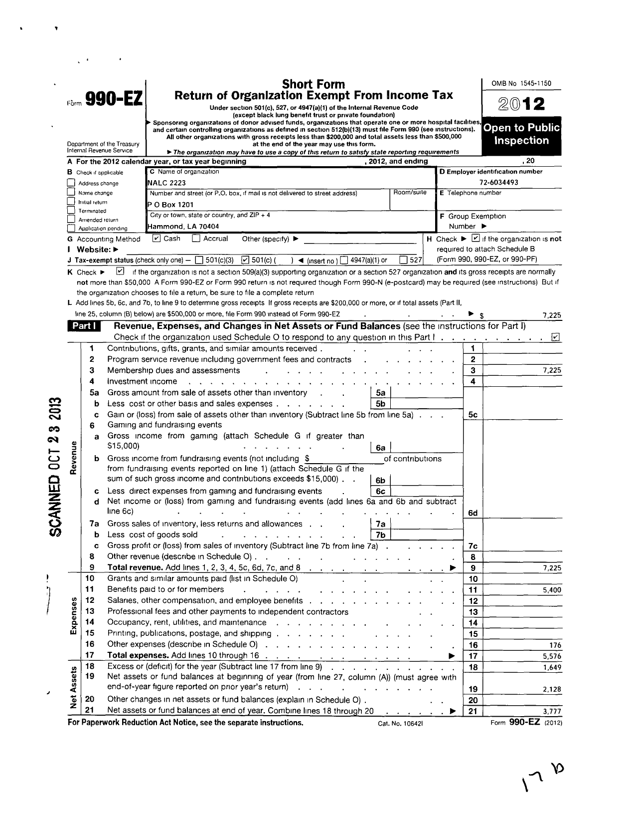 Image of first page of 2012 Form 990EO for National Association of Letter Carriers - 2223 Hammond Louisiana