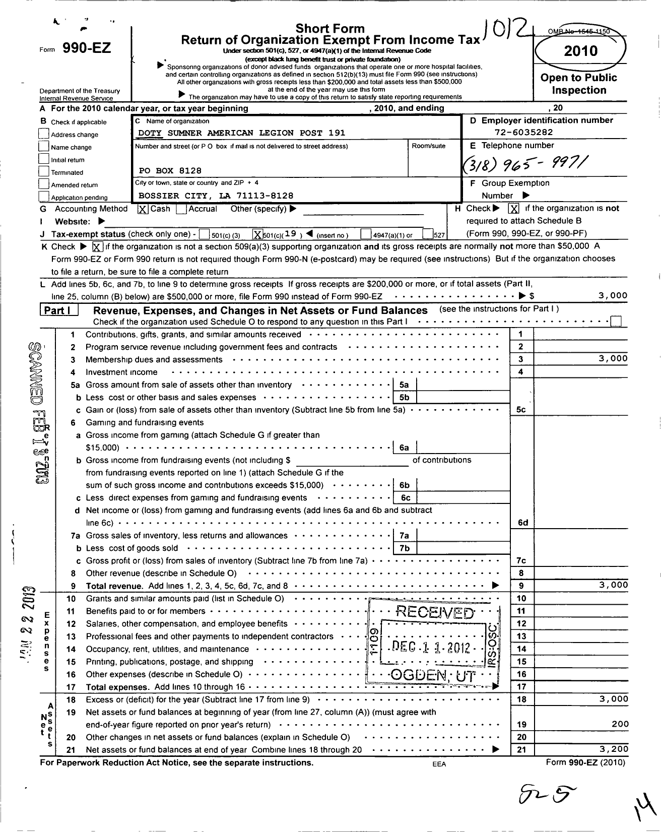 Image of first page of 2010 Form 990EO for American Legion - Doty-Sumner