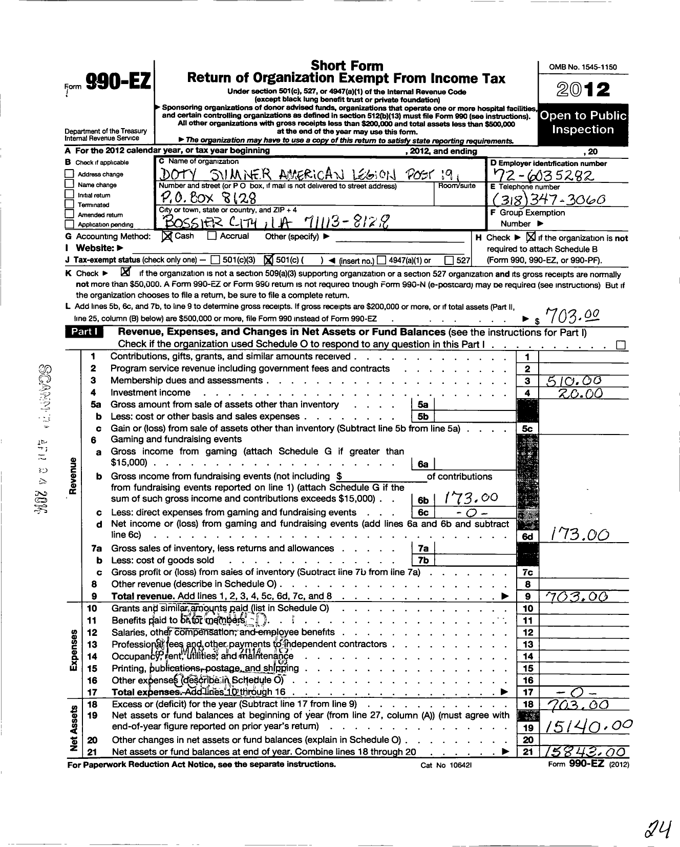 Image of first page of 2012 Form 990EO for American Legion - Doty-Sumner