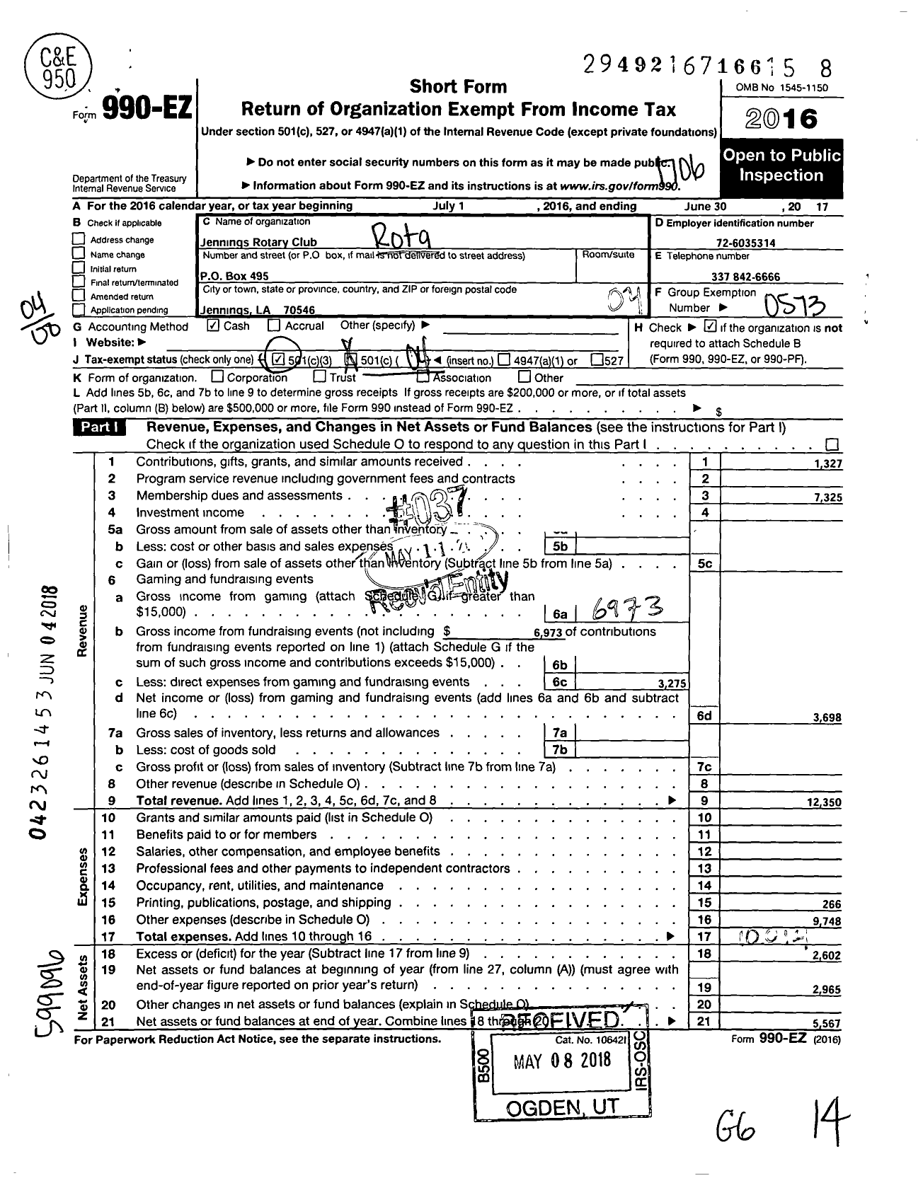 Image of first page of 2016 Form 990EO for Rotary International - Jennings