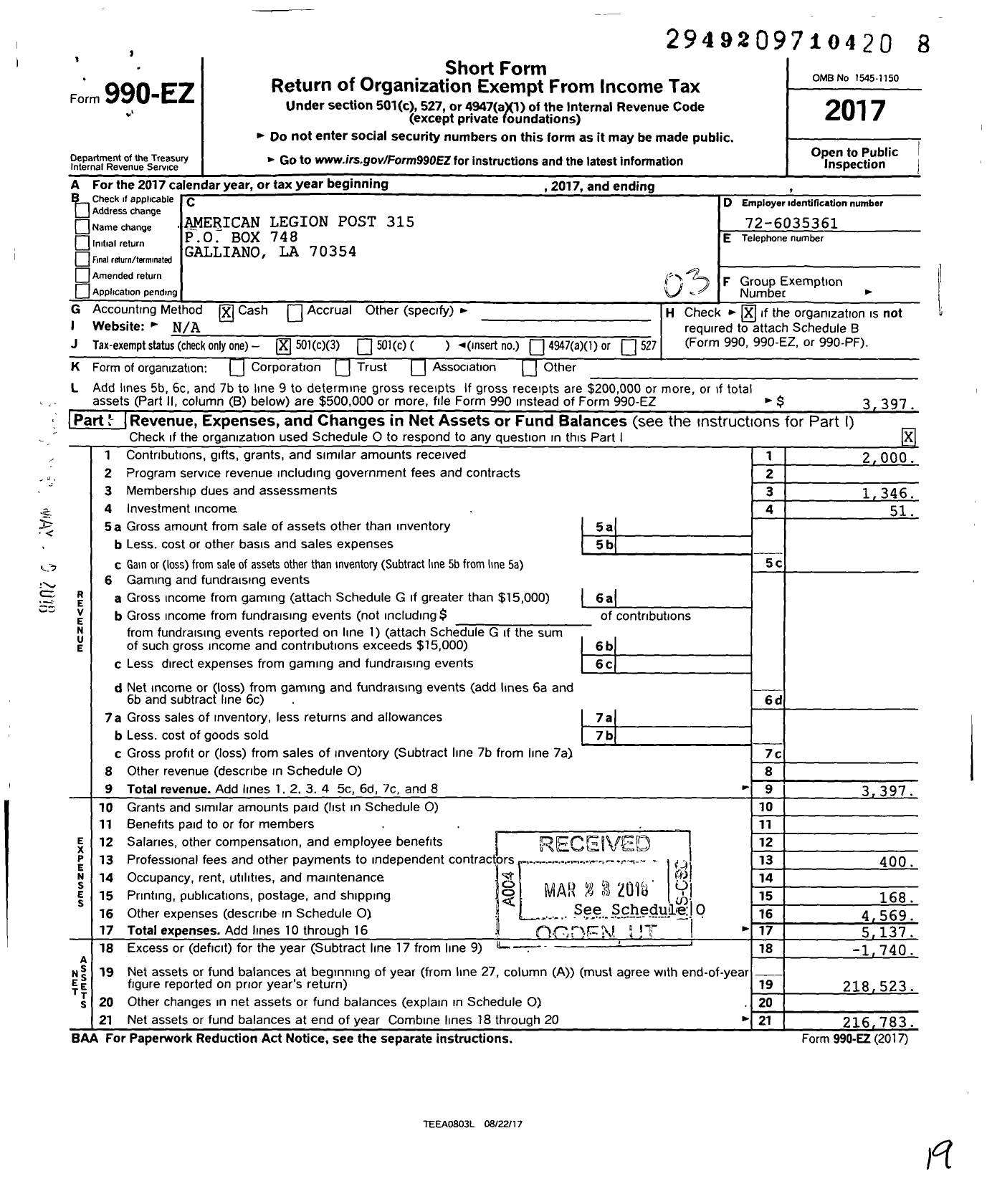 Image of first page of 2017 Form 990EZ for American Legion - Delvin Adams