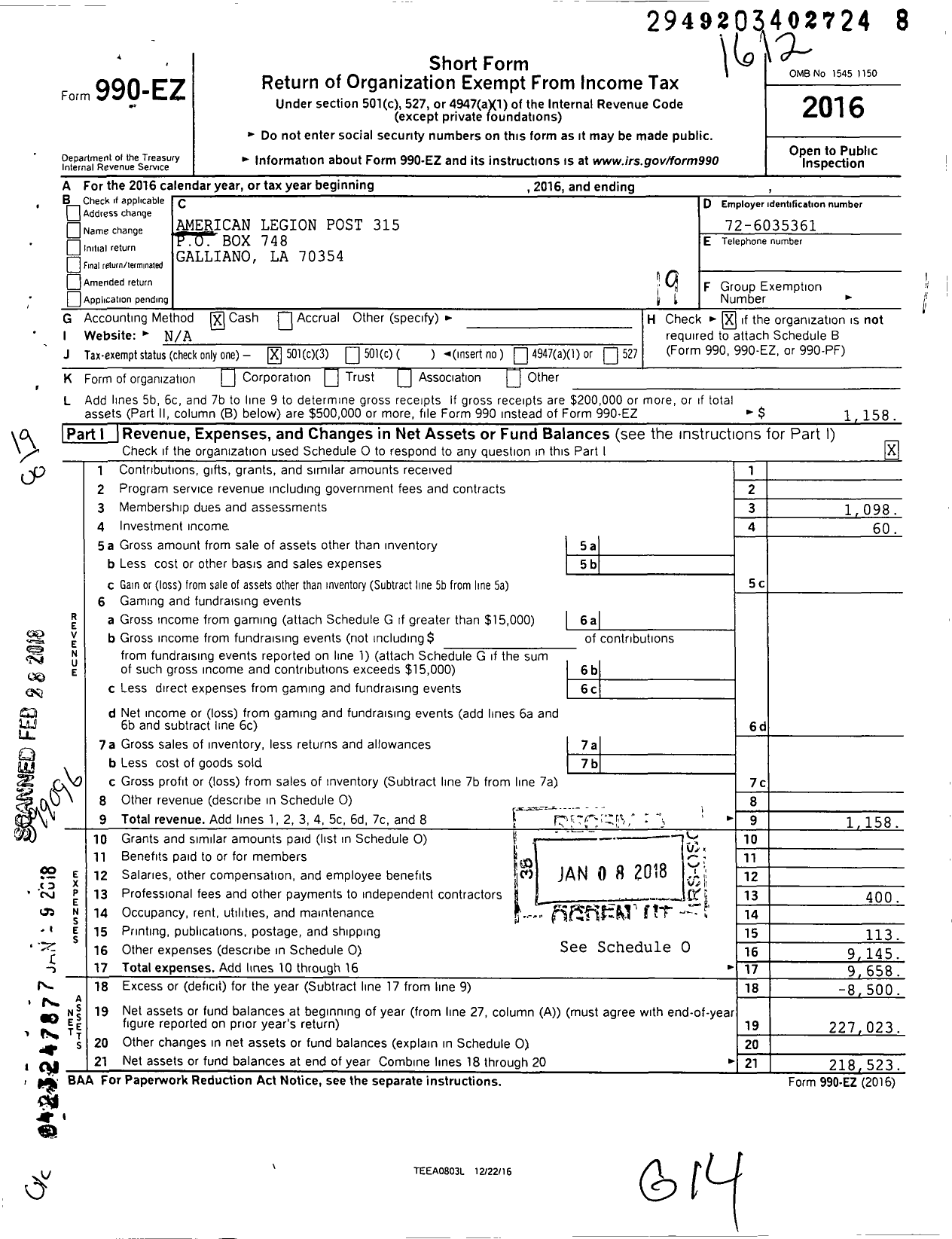 Image of first page of 2016 Form 990EO for American Legion - Delvin Adams