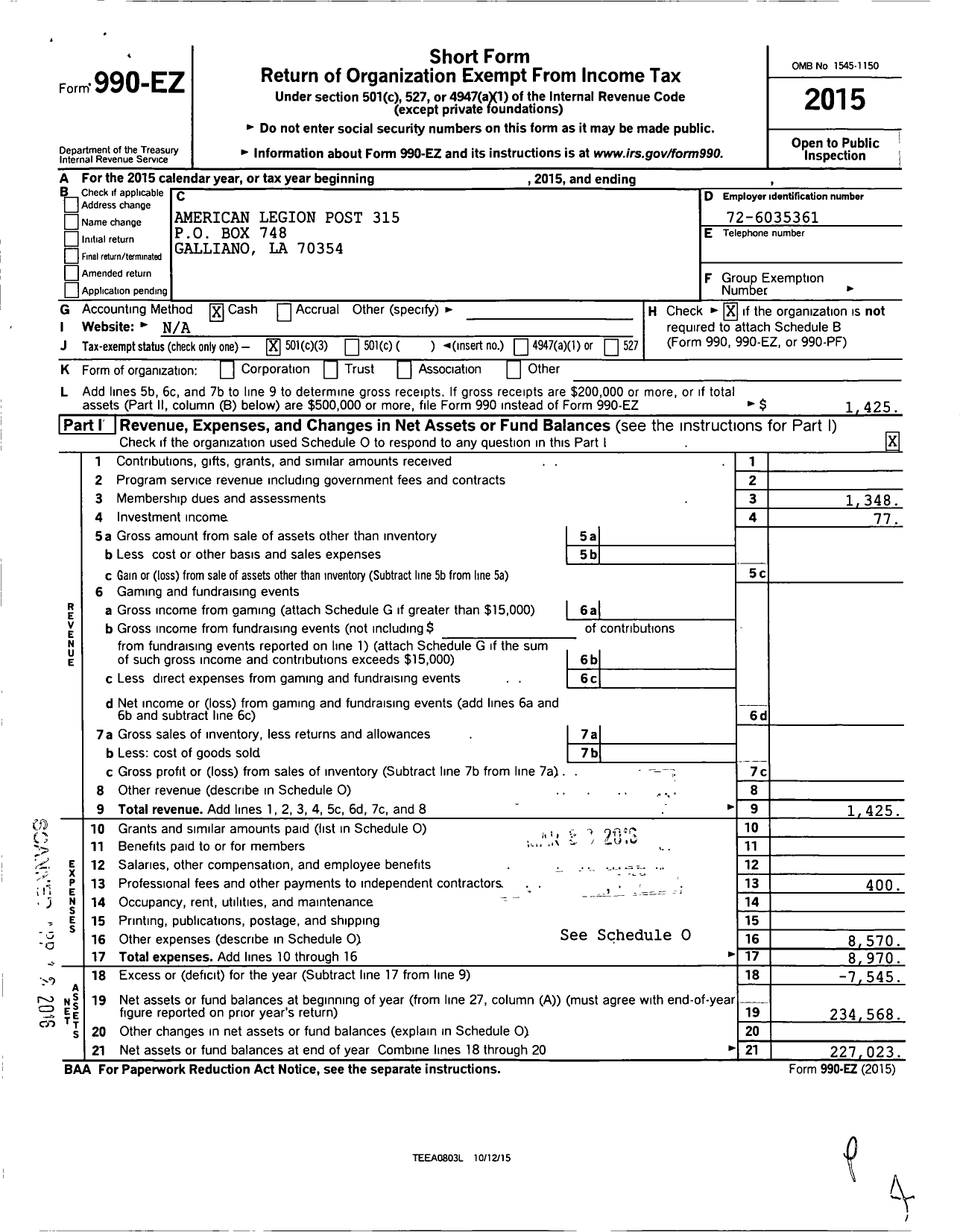 Image of first page of 2015 Form 990EZ for American Legion - Delvin Adams