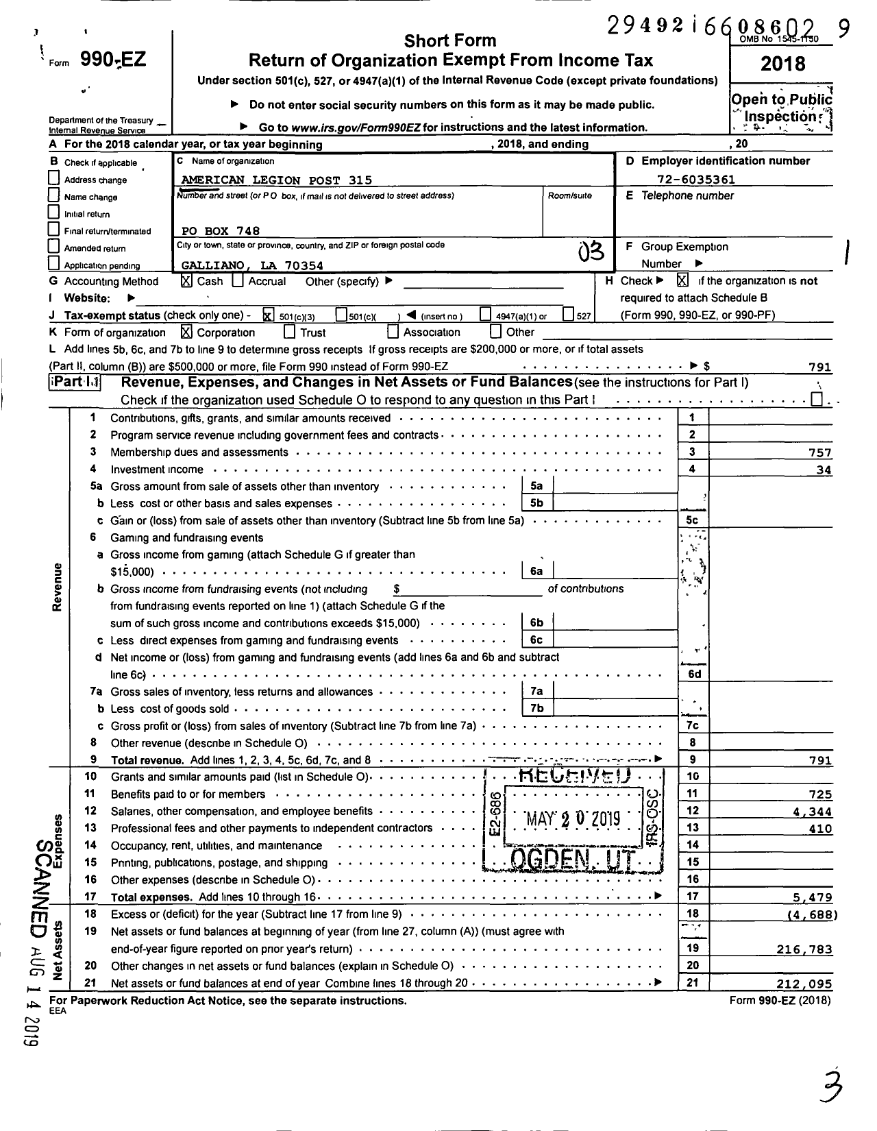 Image of first page of 2018 Form 990EZ for American Legion - Delvin Adams