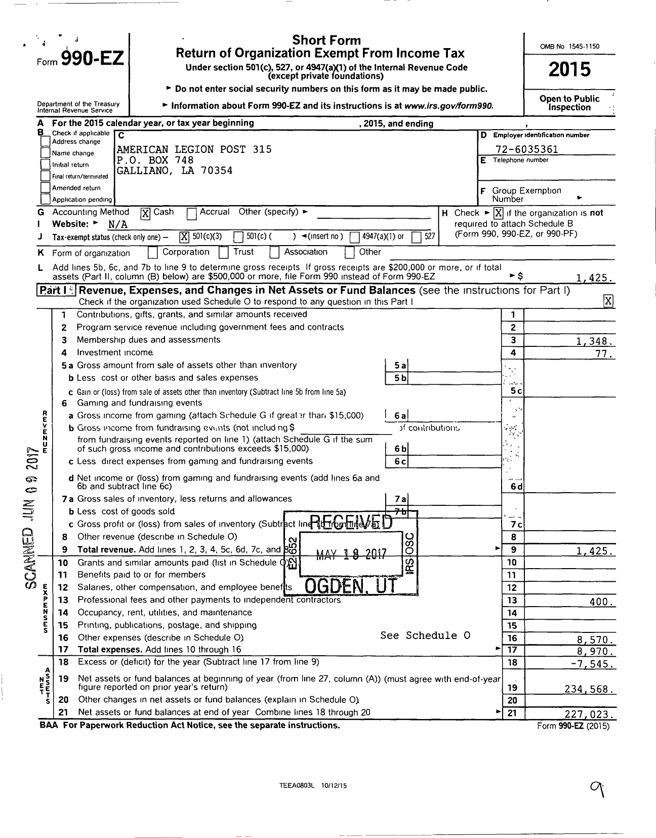 Image of first page of 2015 Form 990EZ for American Legion - Delvin Adams