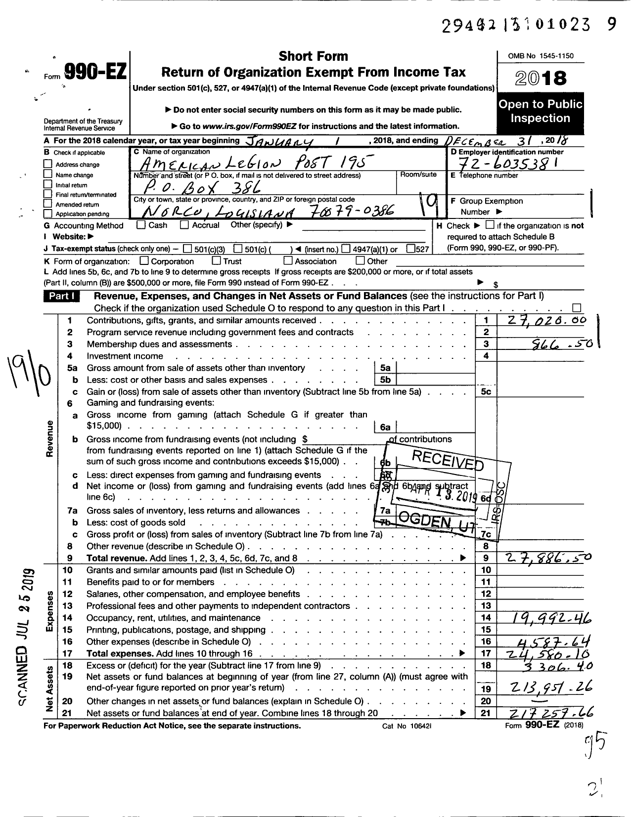 Image of first page of 2018 Form 990EO for American Legion - Spillway
