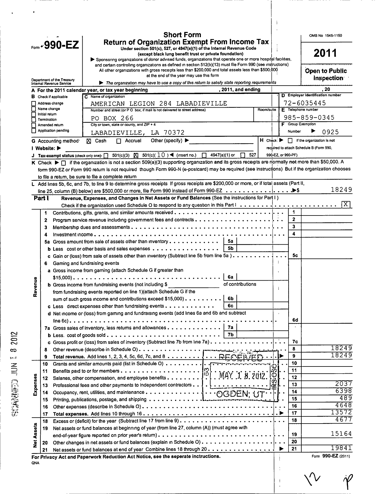 Image of first page of 2011 Form 990EO for American Legion 284 Labadieville