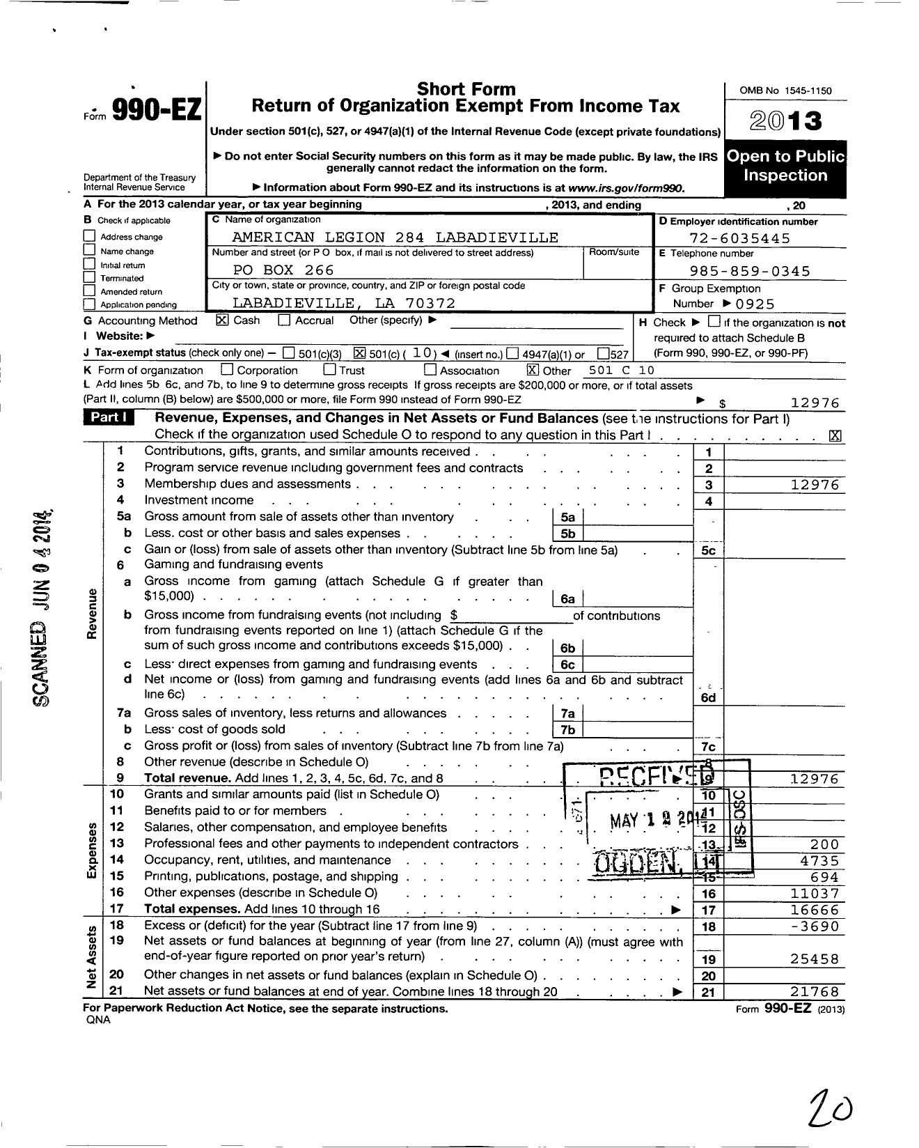 Image of first page of 2013 Form 990EO for American Legion 284 Labadieville