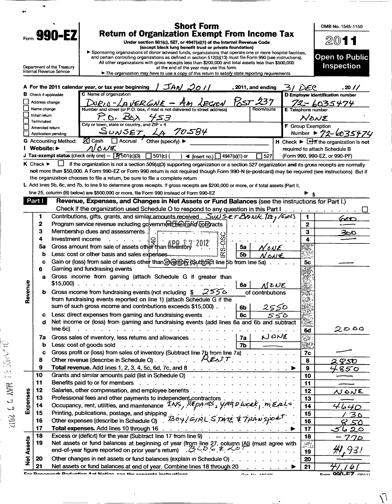 Image of first page of 2011 Form 990EZ for American Legion - Dyrio-Lavergne