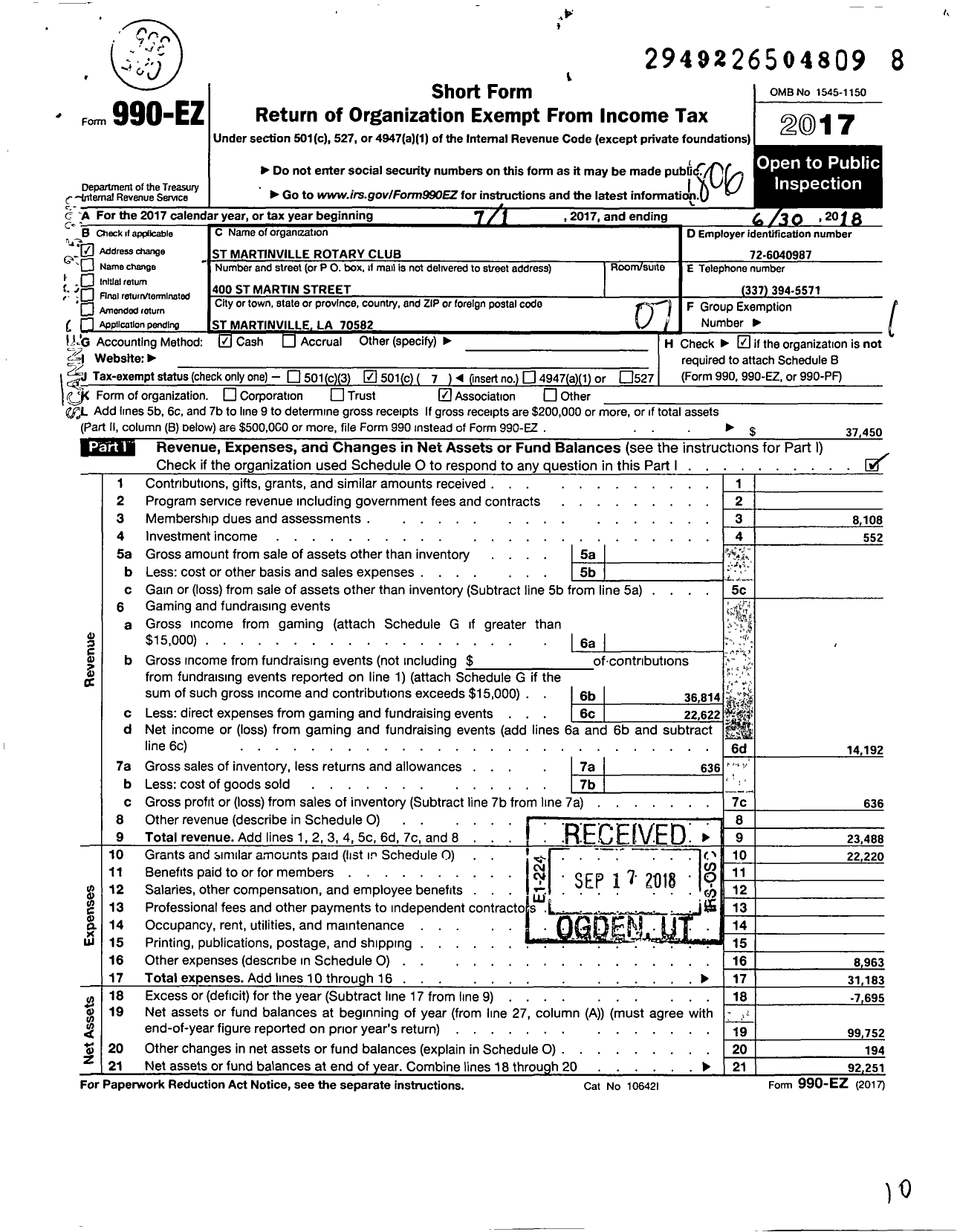 Image of first page of 2017 Form 990EO for Rotary International - St Martinville Rotary Club